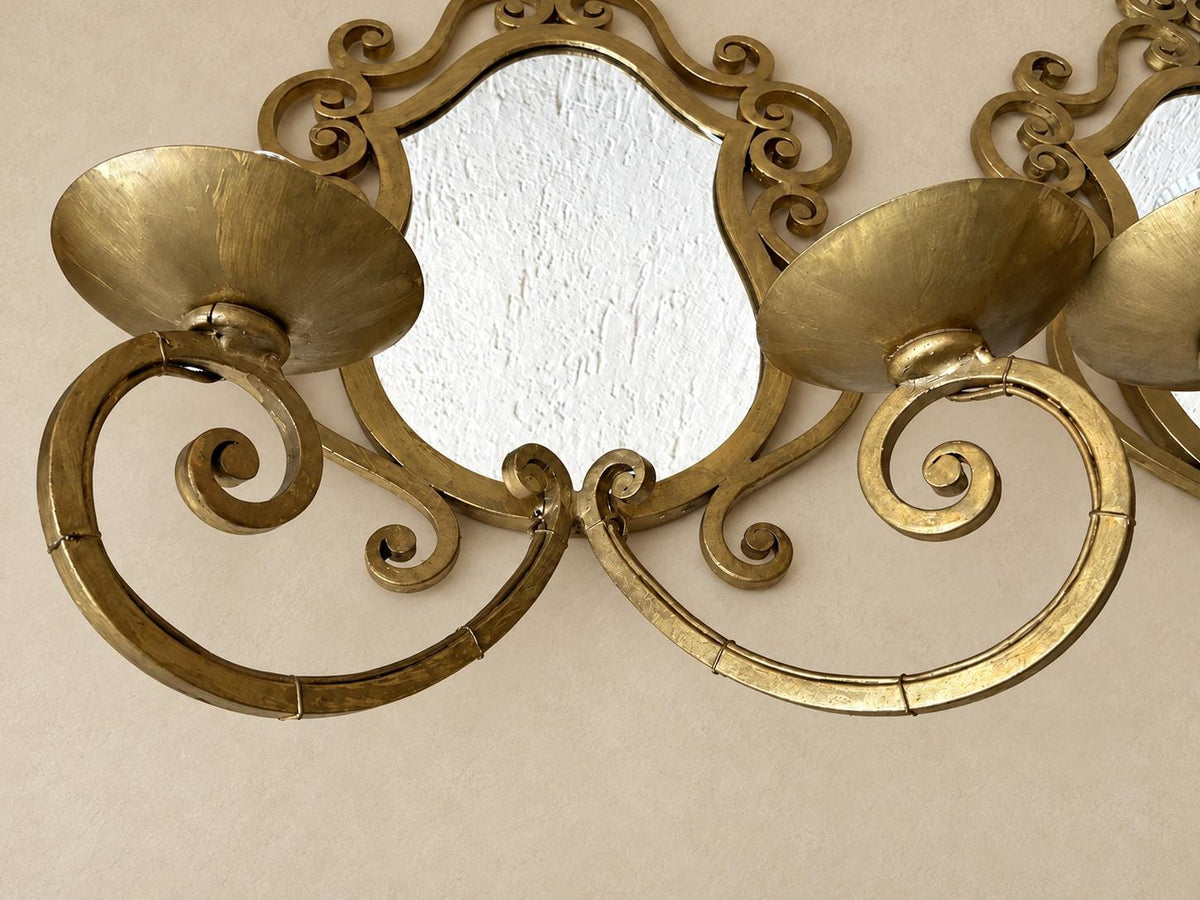 Pair of Gilt Metal Two-Arm Mirror Wall Sconces, Scrolled Arabesque Frame, Vintage
