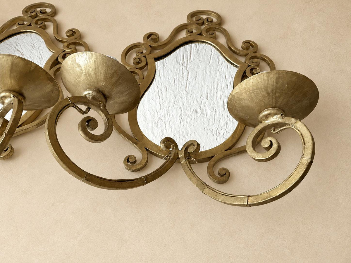Pair of Gilt Metal Two-Arm Mirror Wall Sconces, Scrolled Arabesque Frame, Vintage