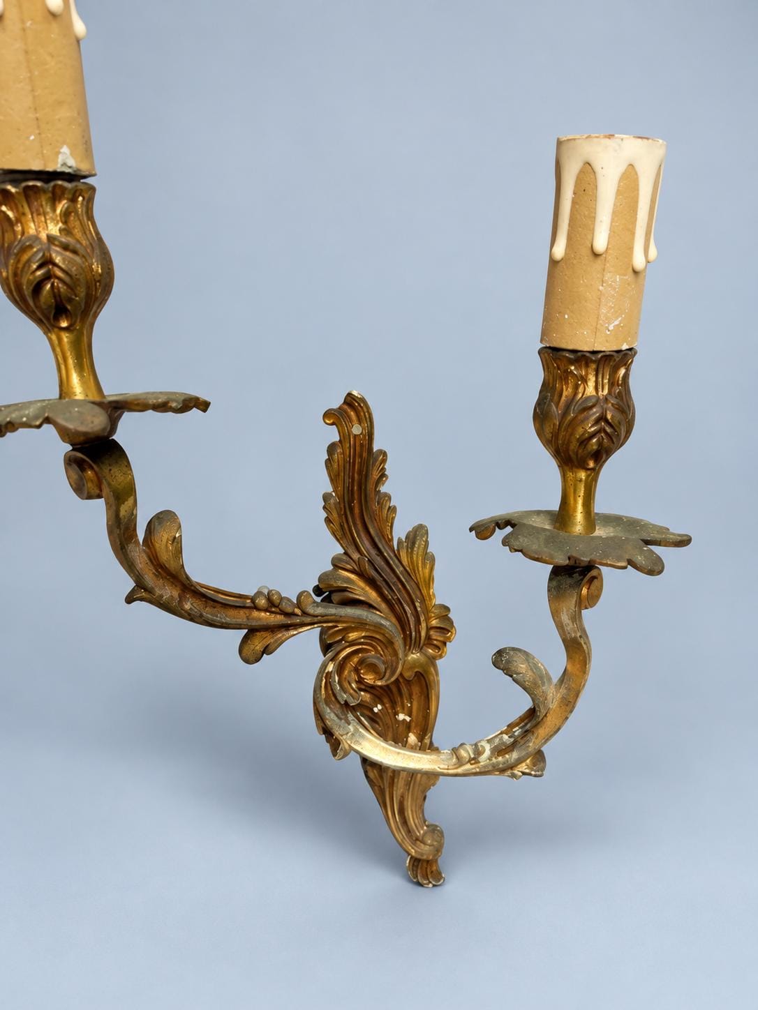 Vintage Mirror-Image Pair of Louis XV Rocaille Style Wall Sconces, Attributed 19th Century, Gilt Metal Acanthus, Two Candle Lights Each