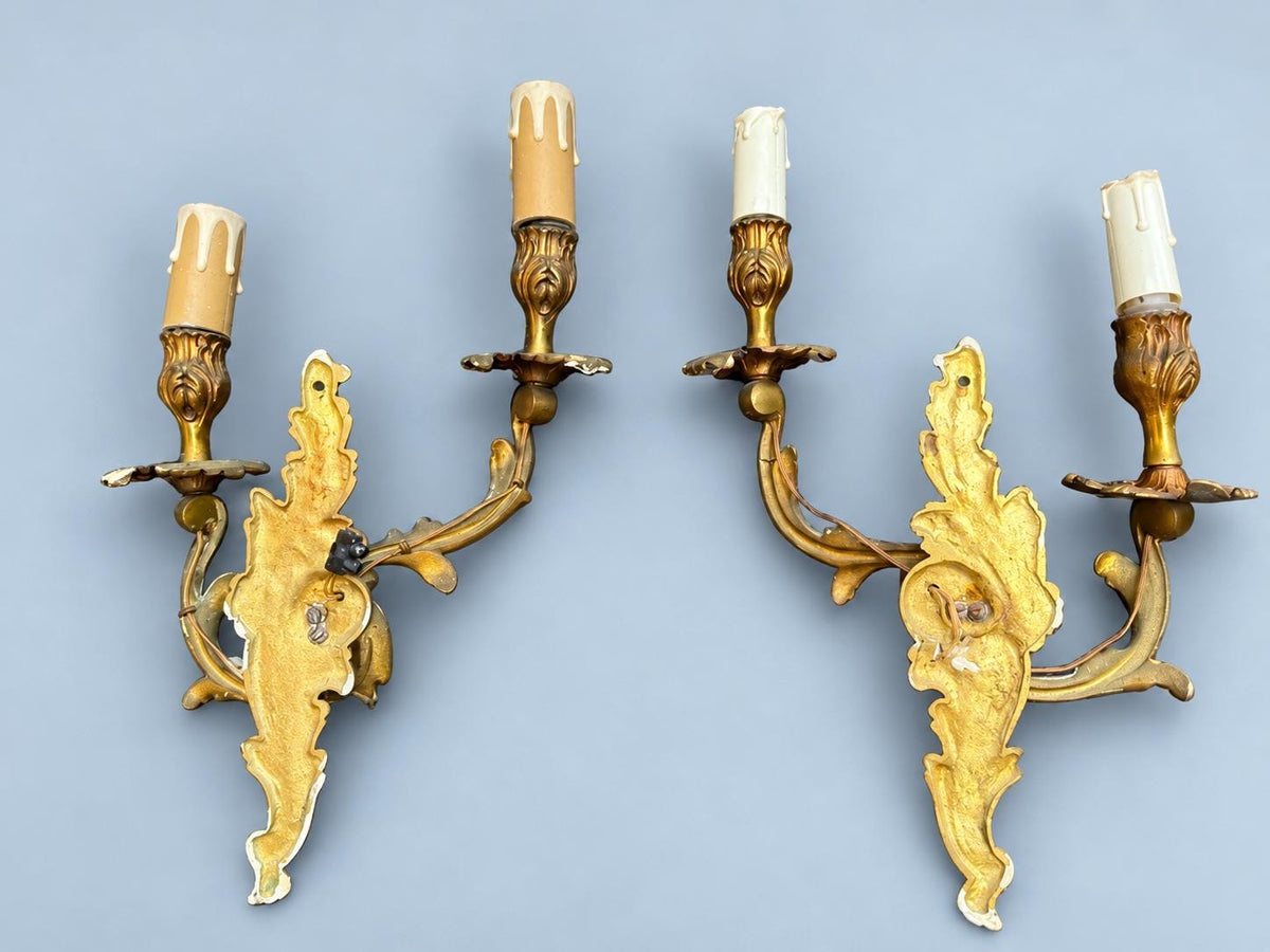 Vintage Mirror-Image Pair of Louis XV Rocaille Style Wall Sconces, Attributed 19th Century, Gilt Metal Acanthus, Two Candle Lights Each