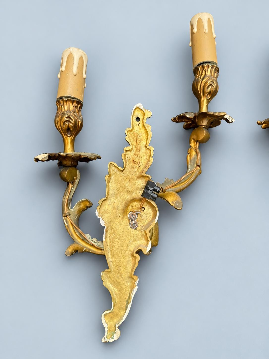 Vintage Mirror-Image Pair of Louis XV Rocaille Style Wall Sconces, Attributed 19th Century, Gilt Metal Acanthus, Two Candle Lights Each