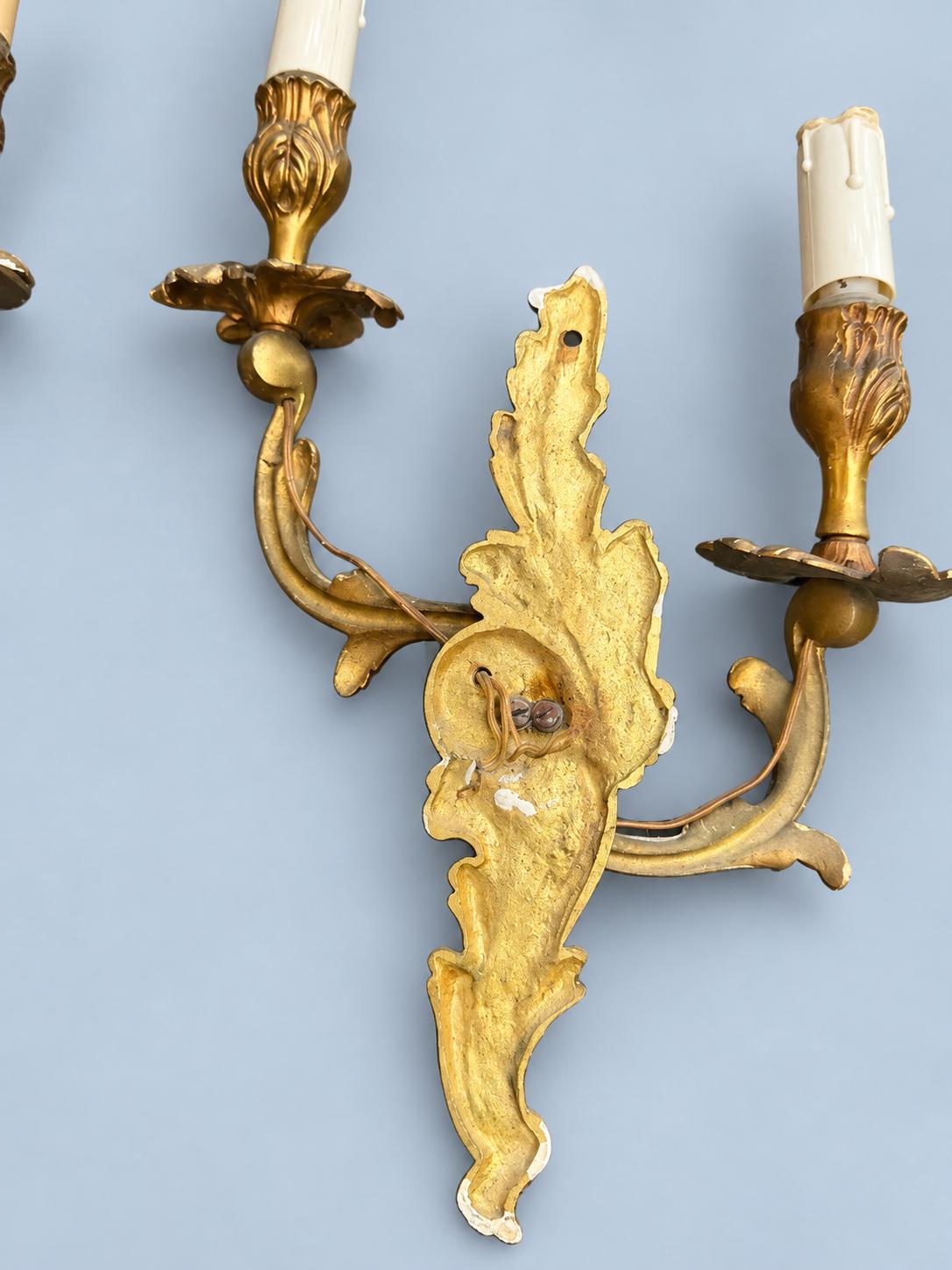 Vintage Mirror-Image Pair of Louis XV Rocaille Style Wall Sconces, Attributed 19th Century, Gilt Metal Acanthus, Two Candle Lights Each
