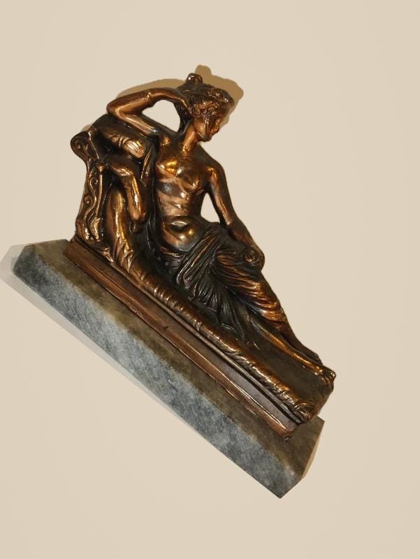 Pauline Borghese as Venus Statue After Canova, Copper-Tone Metal on Marble Base, Vintage