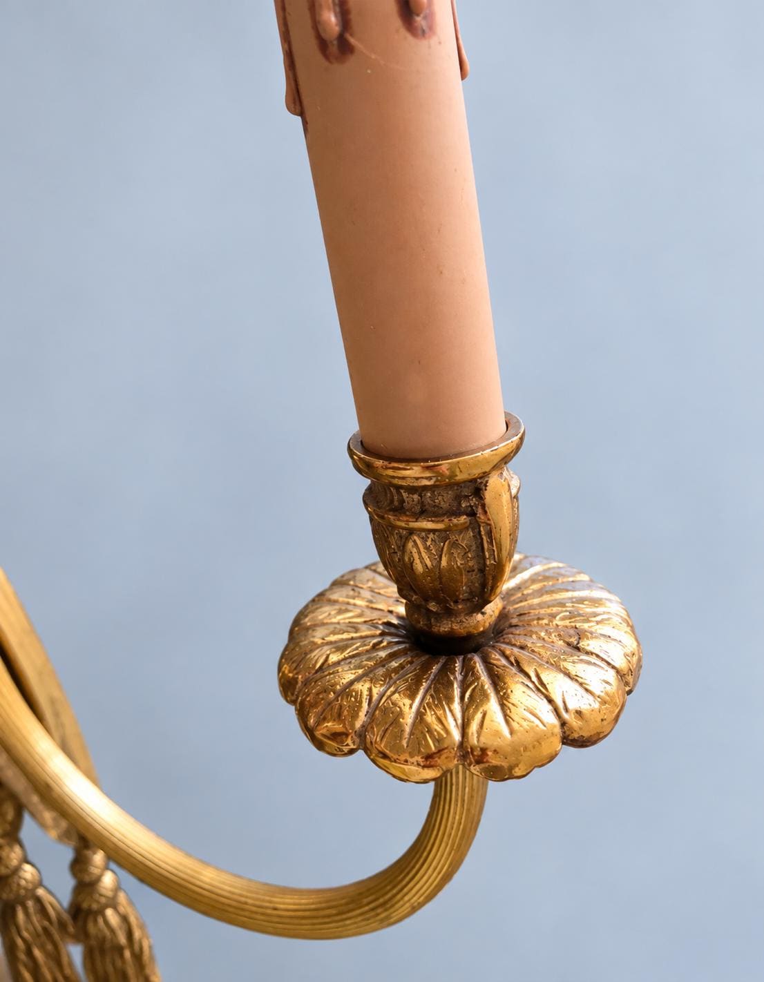 Vintage Louis XVI Style Wall Sconce with Knotted Drapery and Tassels, Gilt Metal, Two Candle Lights, 45 cm