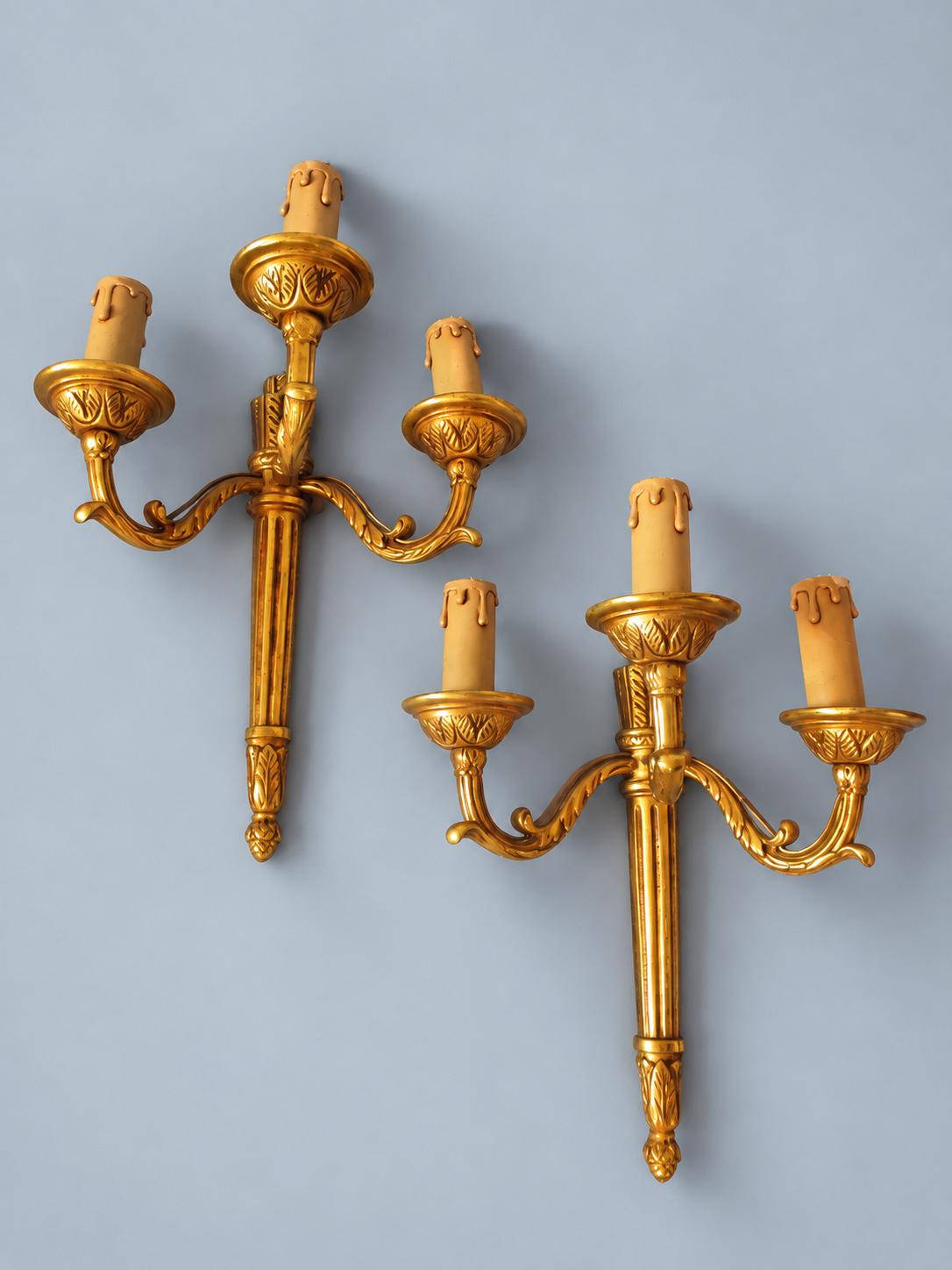 Vintage Pair of Empire Style Quiver and Arrow Wall Sconces, Gilt Metal, Three Candle Lights Each, 34 cm
