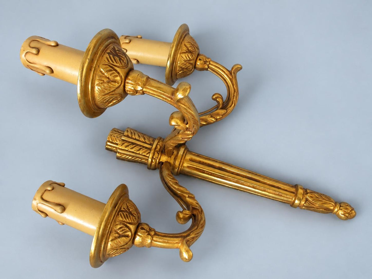 Vintage Pair of Empire Style Quiver and Arrow Wall Sconces, Gilt Metal, Three Candle Lights Each, 34 cm