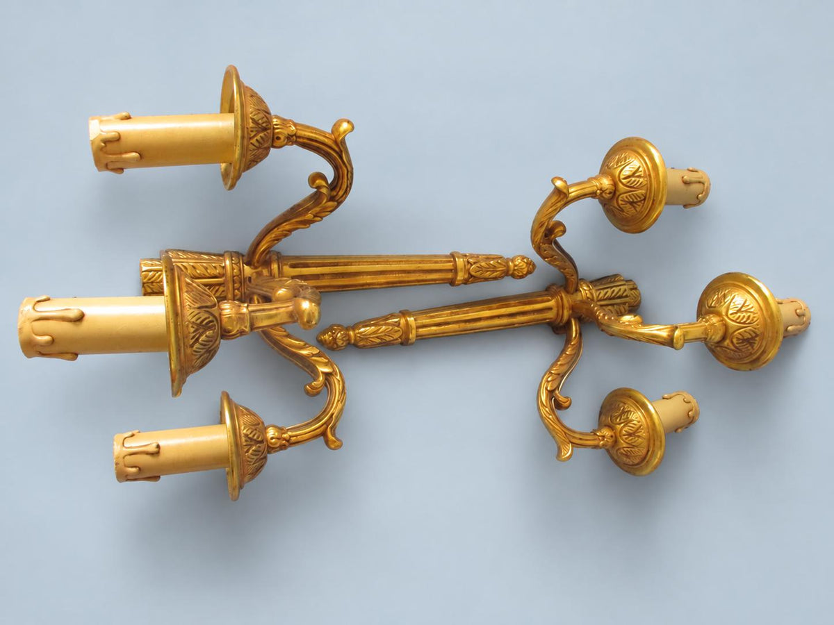 Vintage Pair of Empire Style Quiver and Arrow Wall Sconces, Gilt Metal, Three Candle Lights Each, 34 cm