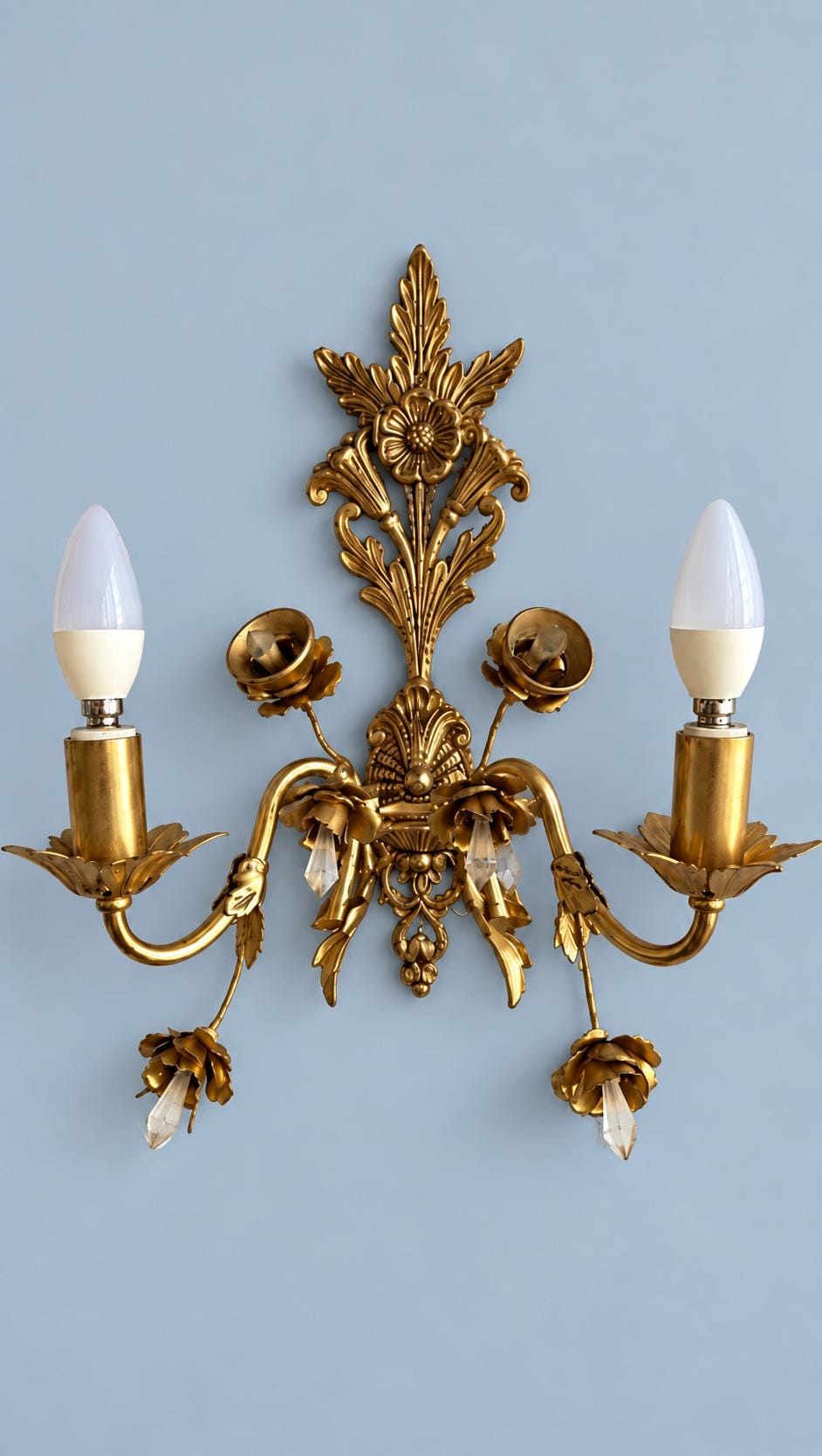 Vintage Florentine Style Gilt Metal Wall Sconce with Roses, Leaves and Faceted Glass Drops, Two Lights, 40 cm