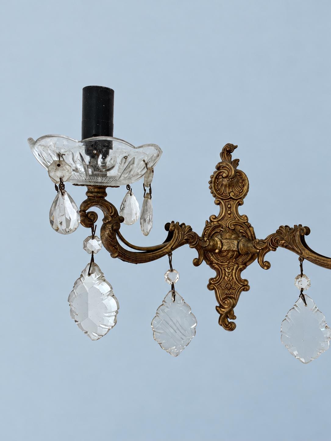 Vintage Brass Wall Sconce with Glass Bobèches and Faceted Glass Drops, Rococo Style Scrolled Backplate, Two Lights, 32 cm