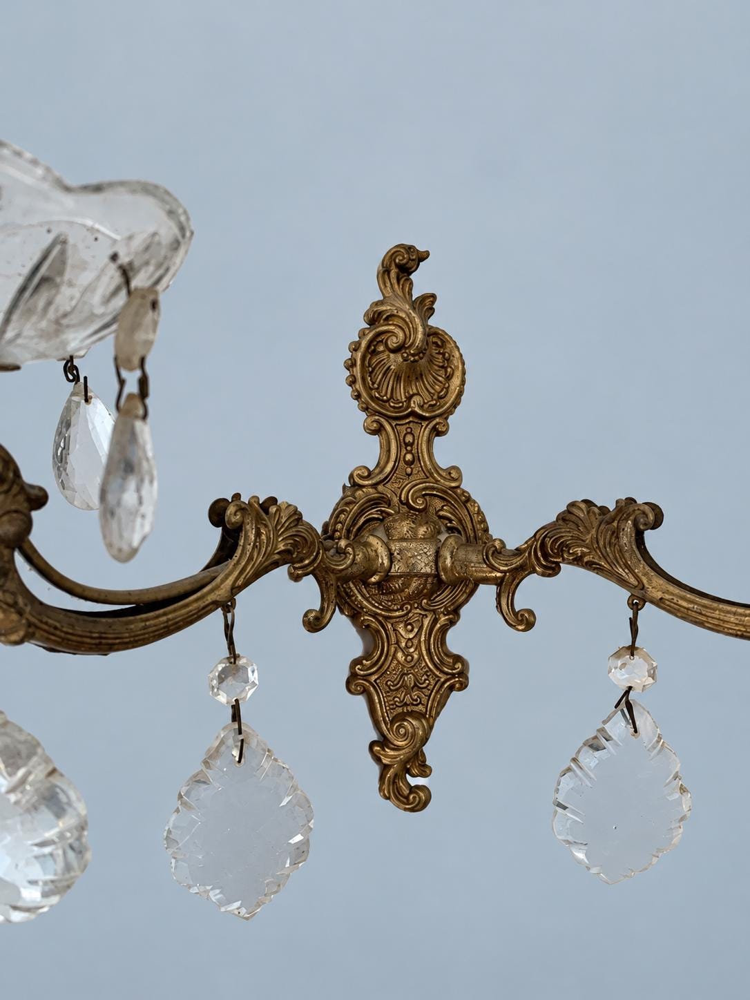 Vintage Brass Wall Sconce with Glass Bobèches and Faceted Glass Drops, Rococo Style Scrolled Backplate, Two Lights, 32 cm