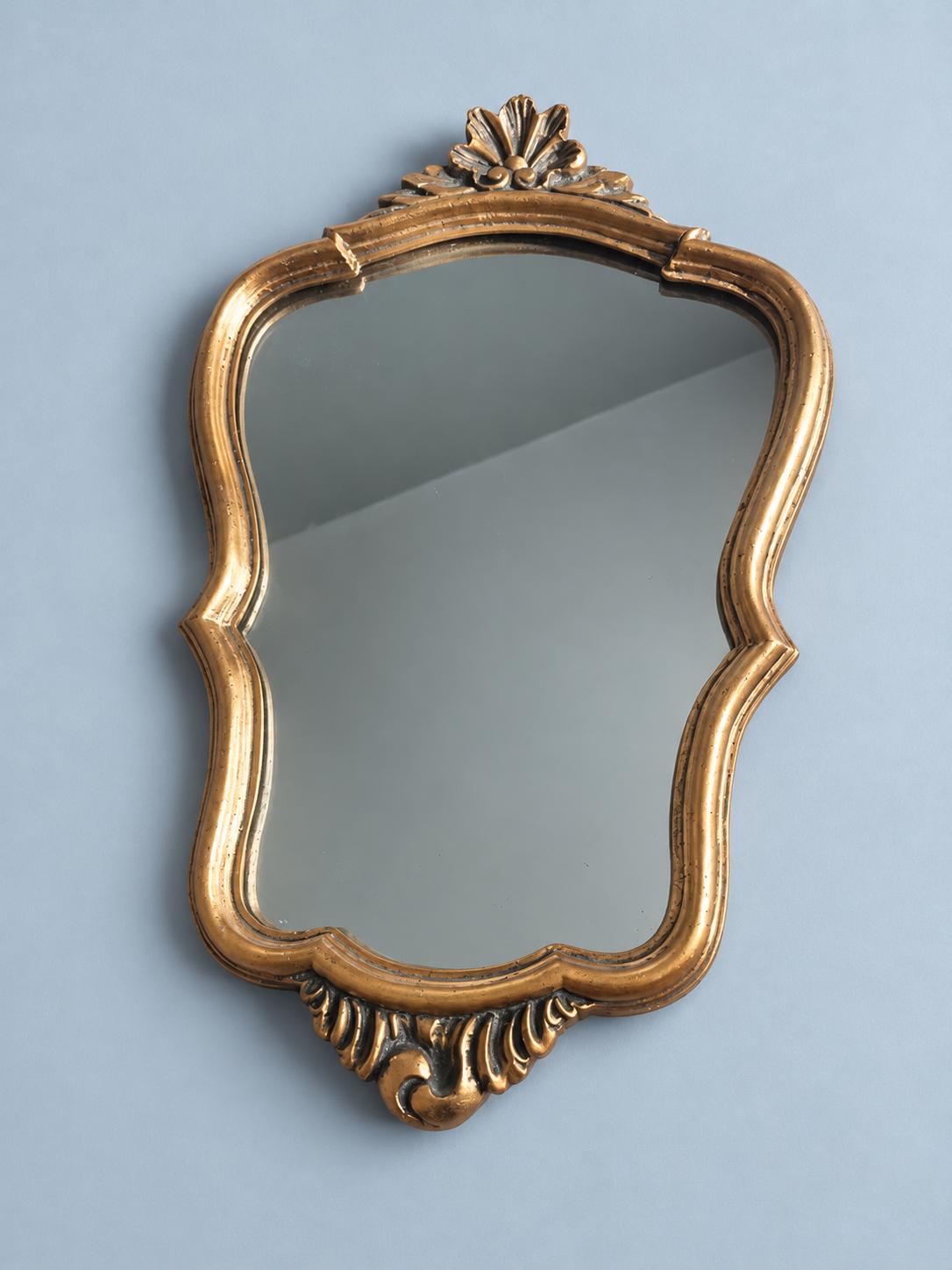 Vintage Small Rococo Style Wall Mirror, Shaped Gold-Tone Frame with Shell Crest and Patina, 37 × 25 cm