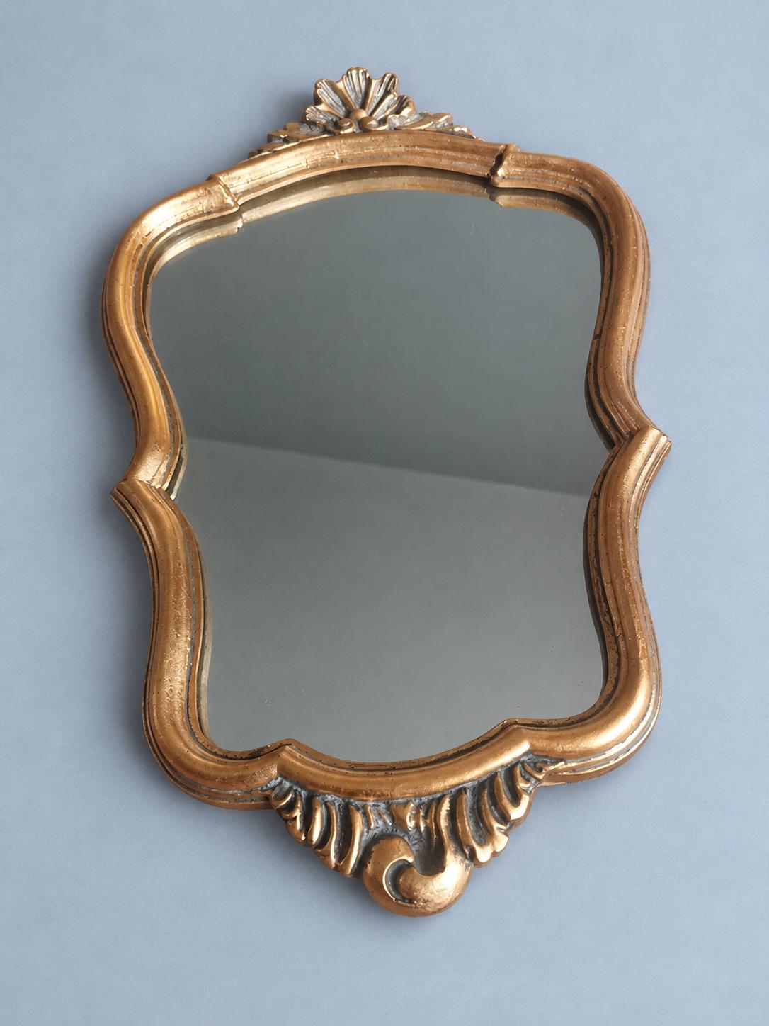 Vintage Small Rococo Style Wall Mirror, Shaped Gold-Tone Frame with Shell Crest and Patina, 37 × 25 cm