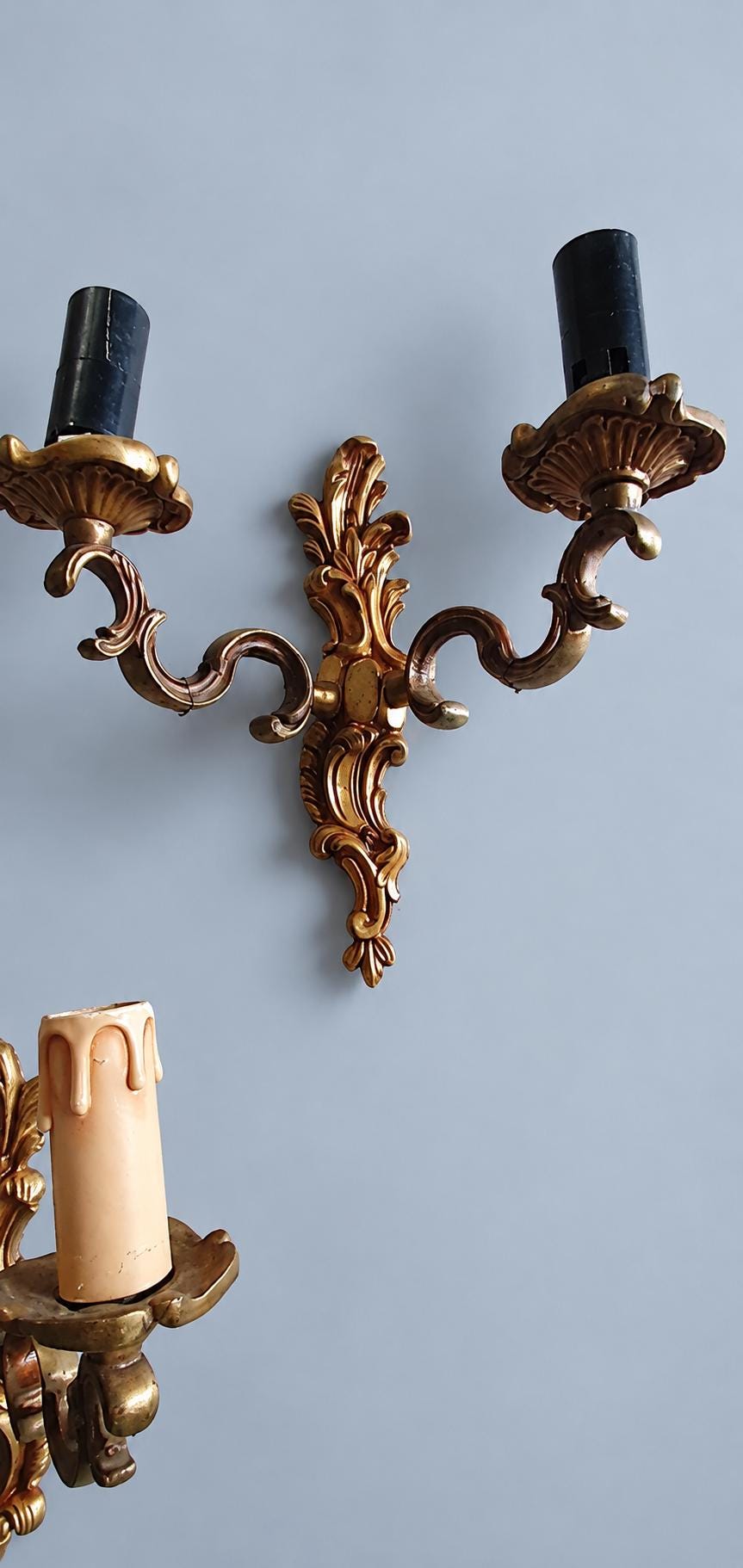 Vintage Set of Three Louis XV Rocaille Style Wall Sconces, Gilt Metal Volutes and Foliage, Two Lights Each, 21 cm