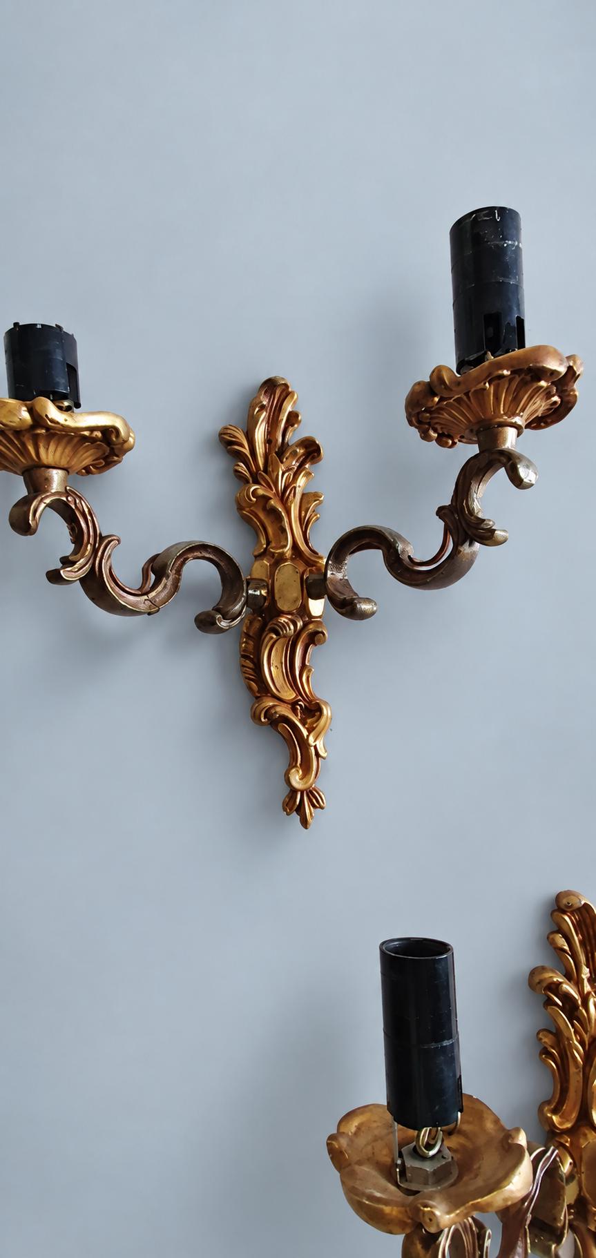 Vintage Set of Three Louis XV Rocaille Style Wall Sconces, Gilt Metal Volutes and Foliage, Two Lights Each, 21 cm
