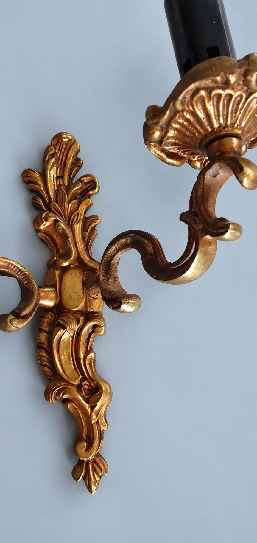 Vintage Set of Three Louis XV Rocaille Style Wall Sconces, Gilt Metal Volutes and Foliage, Two Lights Each, 21 cm