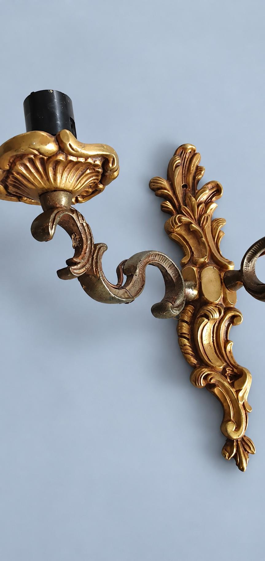 Vintage Set of Three Louis XV Rocaille Style Wall Sconces, Gilt Metal Volutes and Foliage, Two Lights Each, 21 cm