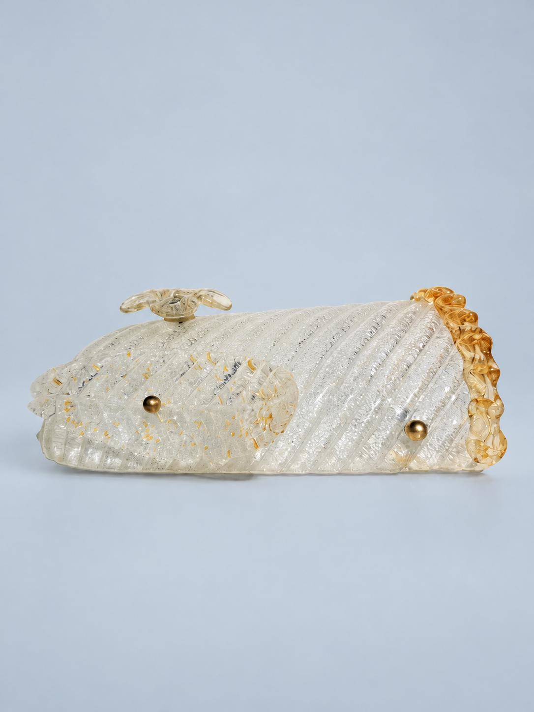 Shield-Shaped Glass Wall Sconce with Graniglia Texture, Amber Ruffled Rim, Glass Leaves and Flower, 30 cm
