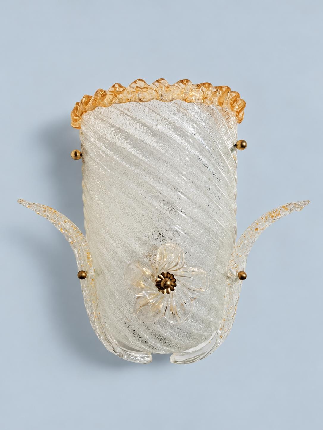 Shield-Shaped Glass Wall Sconce with Graniglia Texture, Amber Ruffled Rim, Glass Leaves and Flower, 30 cm