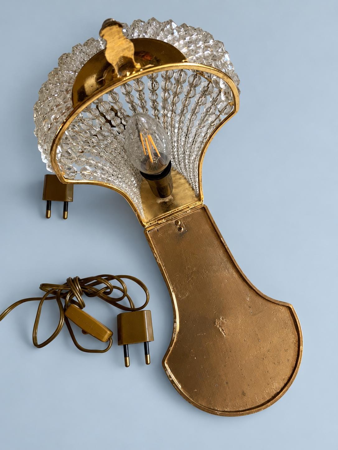 Vintage Pair of Empire Style Montgolfière Wall Sconces, Brass with Faceted Glass Bead Basket, 23 cm