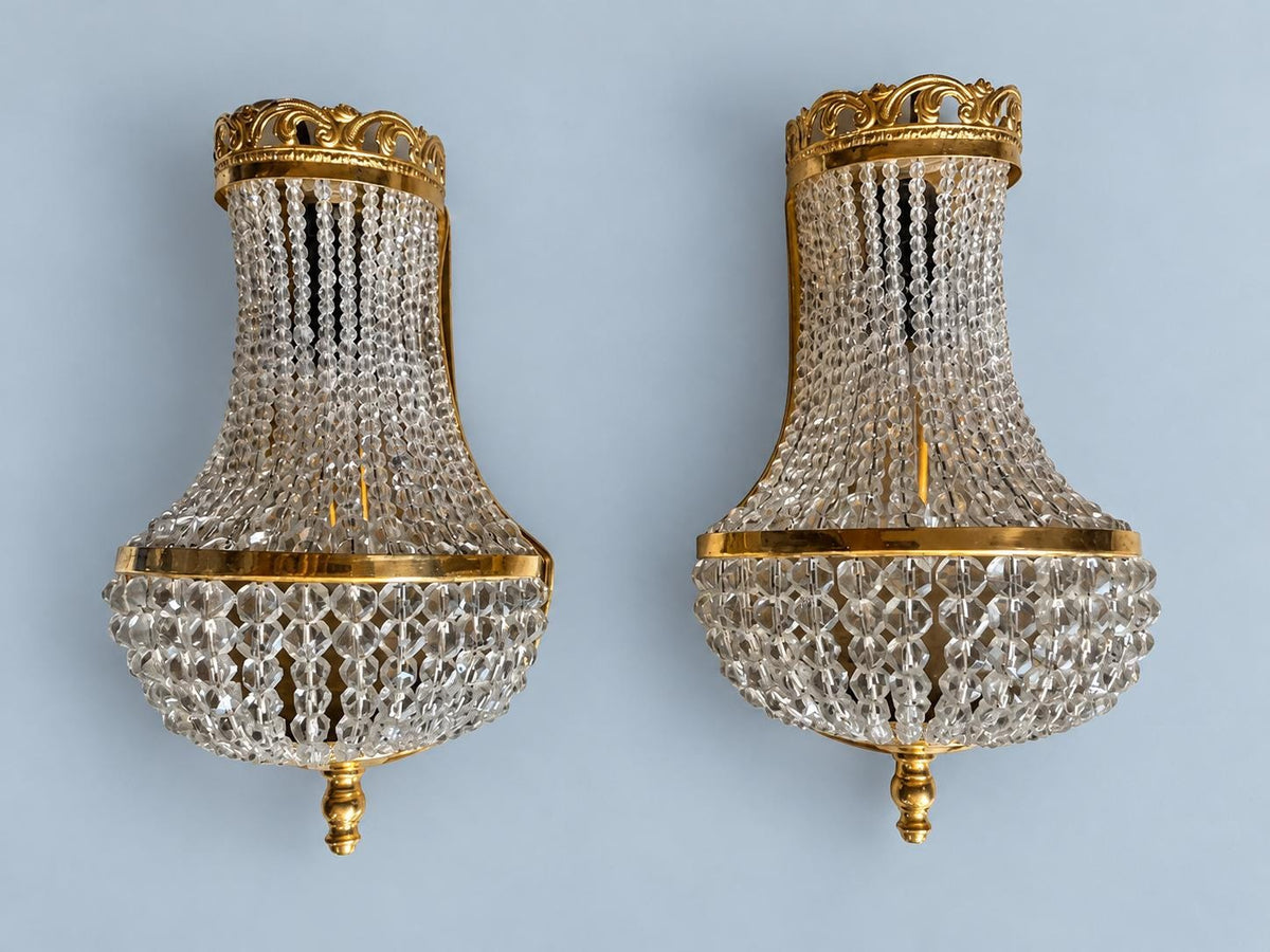 Vintage Pair of Empire Style Montgolfière Wall Sconces, Brass with Faceted Glass Bead Basket, 23 cm