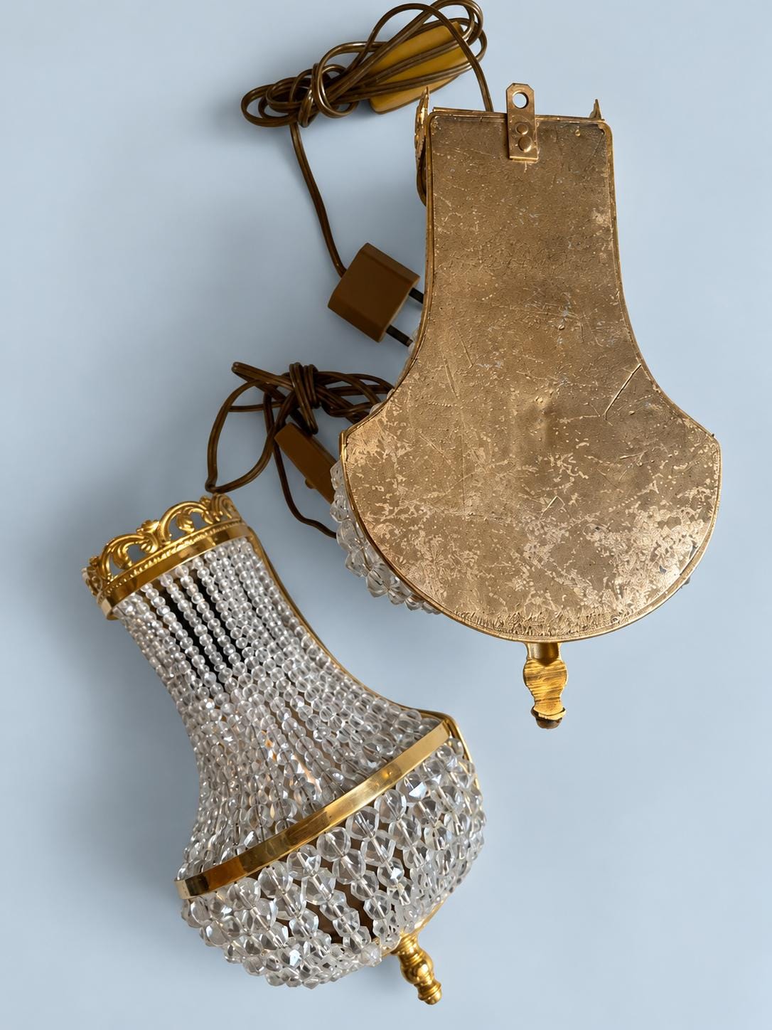 Vintage Pair of Empire Style Montgolfière Wall Sconces, Brass with Faceted Glass Bead Basket, 23 cm
