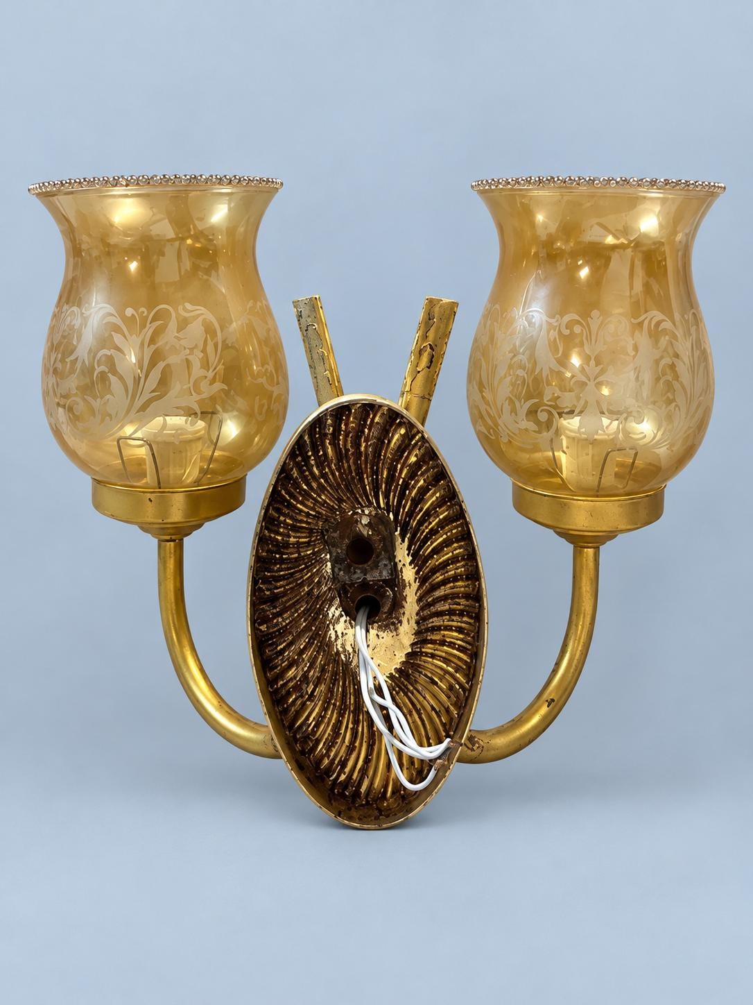 Vintage Two-Arm Wall Sconce with Amber Etched Glass Hurricane Shades, Gold-Painted Metal with Fan Backplate, 22 cm