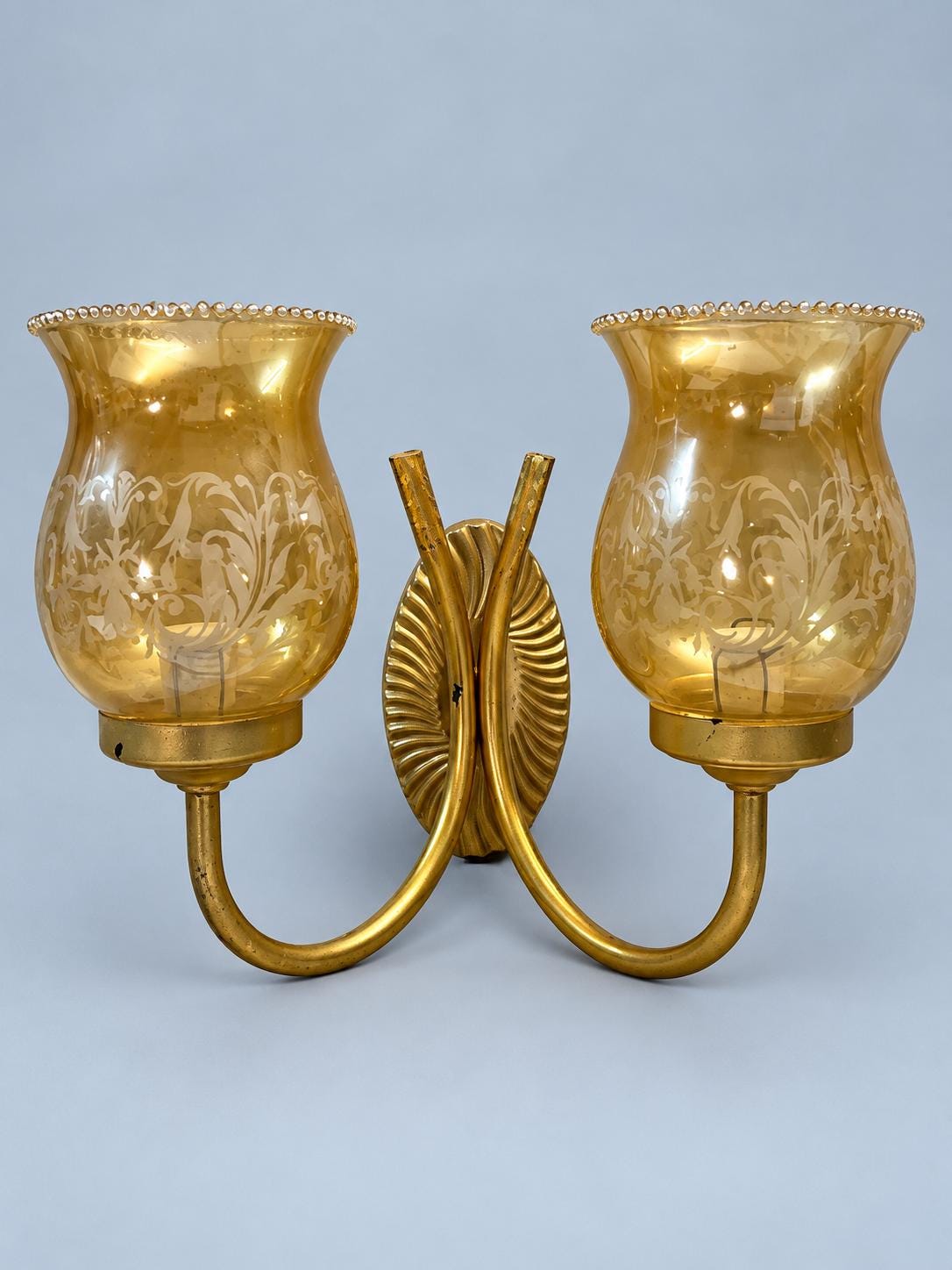 Vintage Two-Arm Wall Sconce with Amber Etched Glass Hurricane Shades, Gold-Painted Metal with Fan Backplate, 22 cm