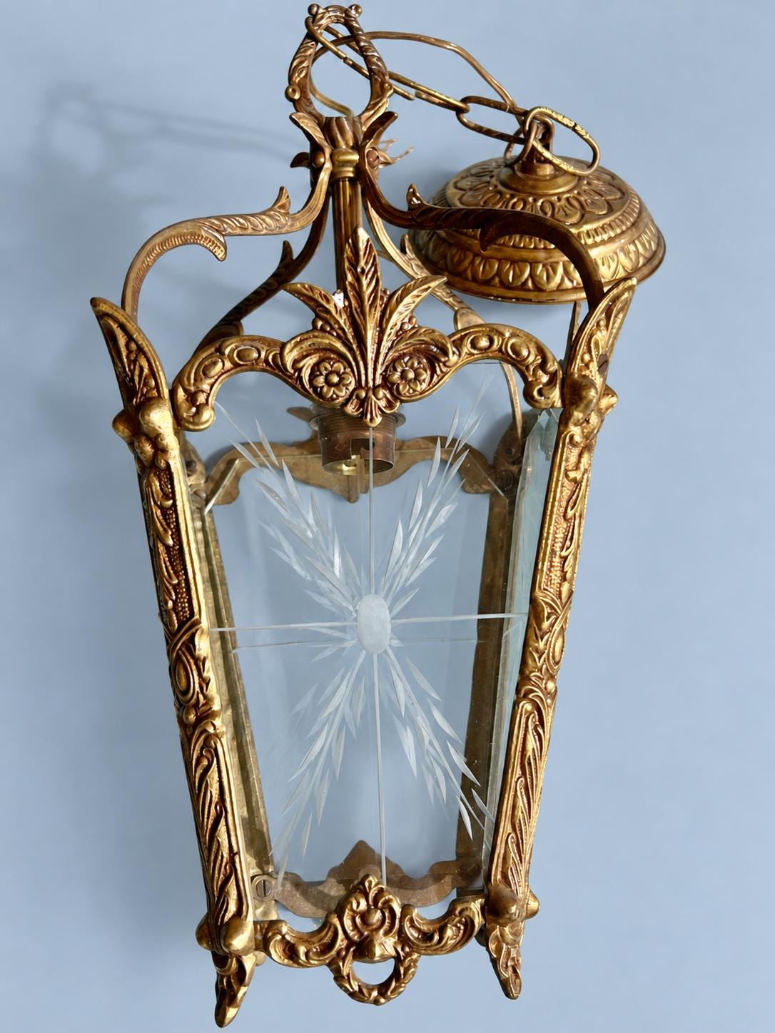 Vintage Hall Lantern Pendant with Etched Glass Panels, Brass-Tone Metal Frame with Leafy Scrolls and Palmette Crest, Chain and Canopy