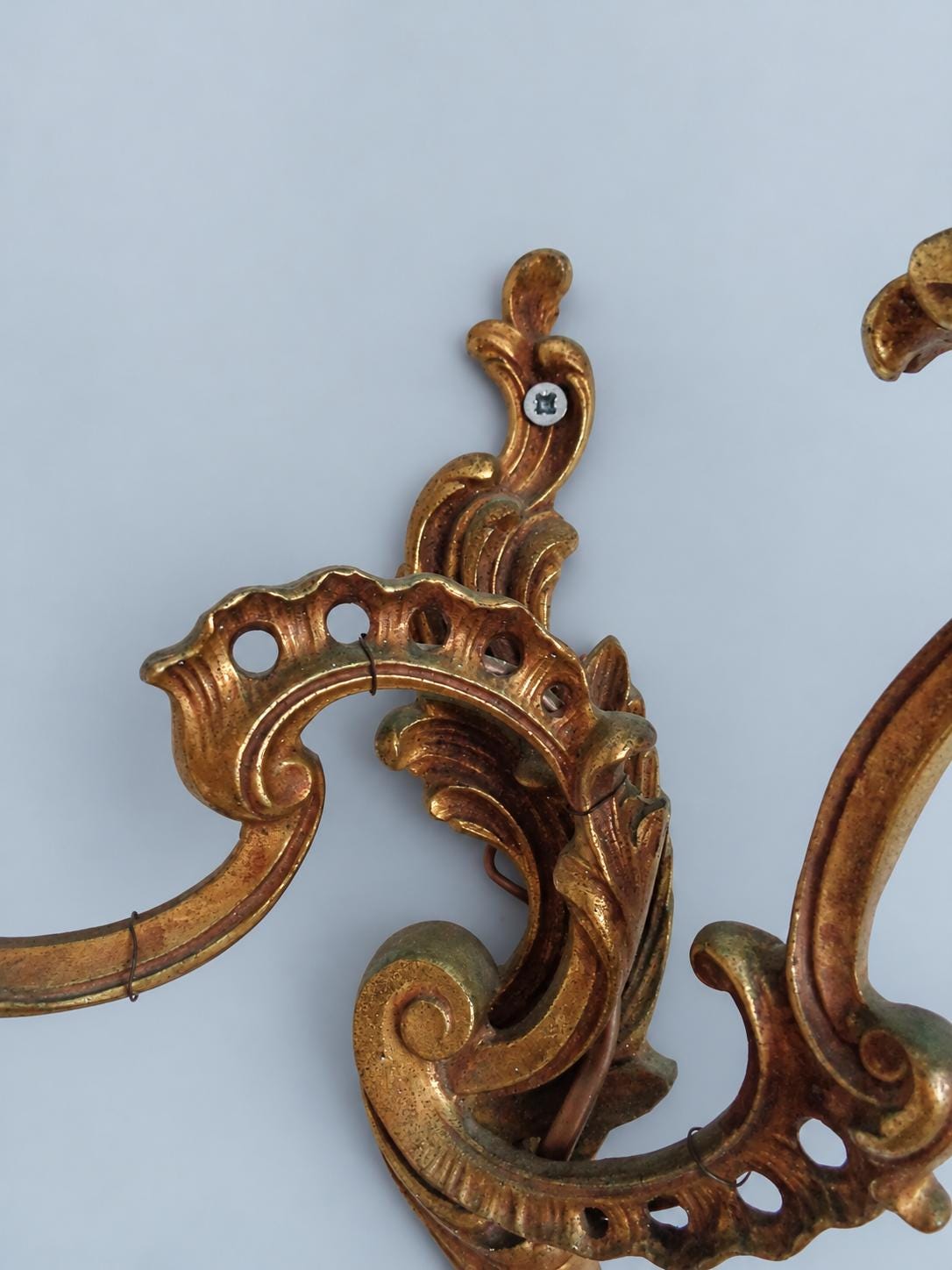 Vintage Mirror-Image Pair of Louis XV Style Wall Sconces, Gilt Metal Pierced Scrolls, Two Candle Lights Each, 30 cm