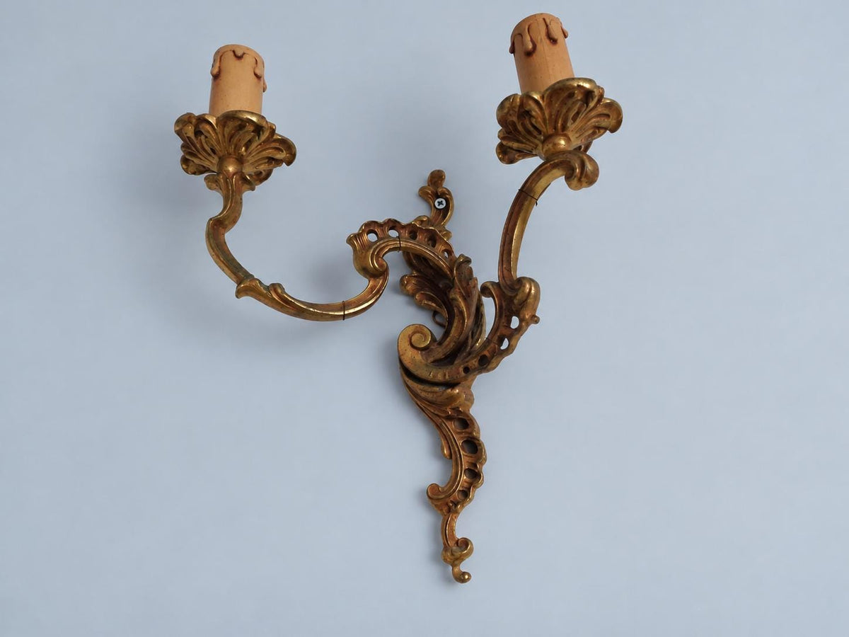 Vintage Mirror-Image Pair of Louis XV Style Wall Sconces, Gilt Metal Pierced Scrolls, Two Candle Lights Each, 30 cm