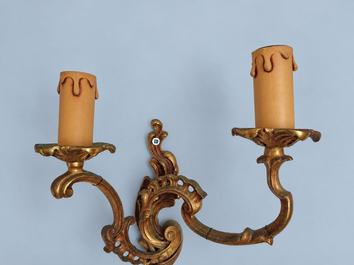 Vintage Mirror-Image Pair of Louis XV Style Wall Sconces, Gilt Metal Pierced Scrolls, Two Candle Lights Each, 30 cm