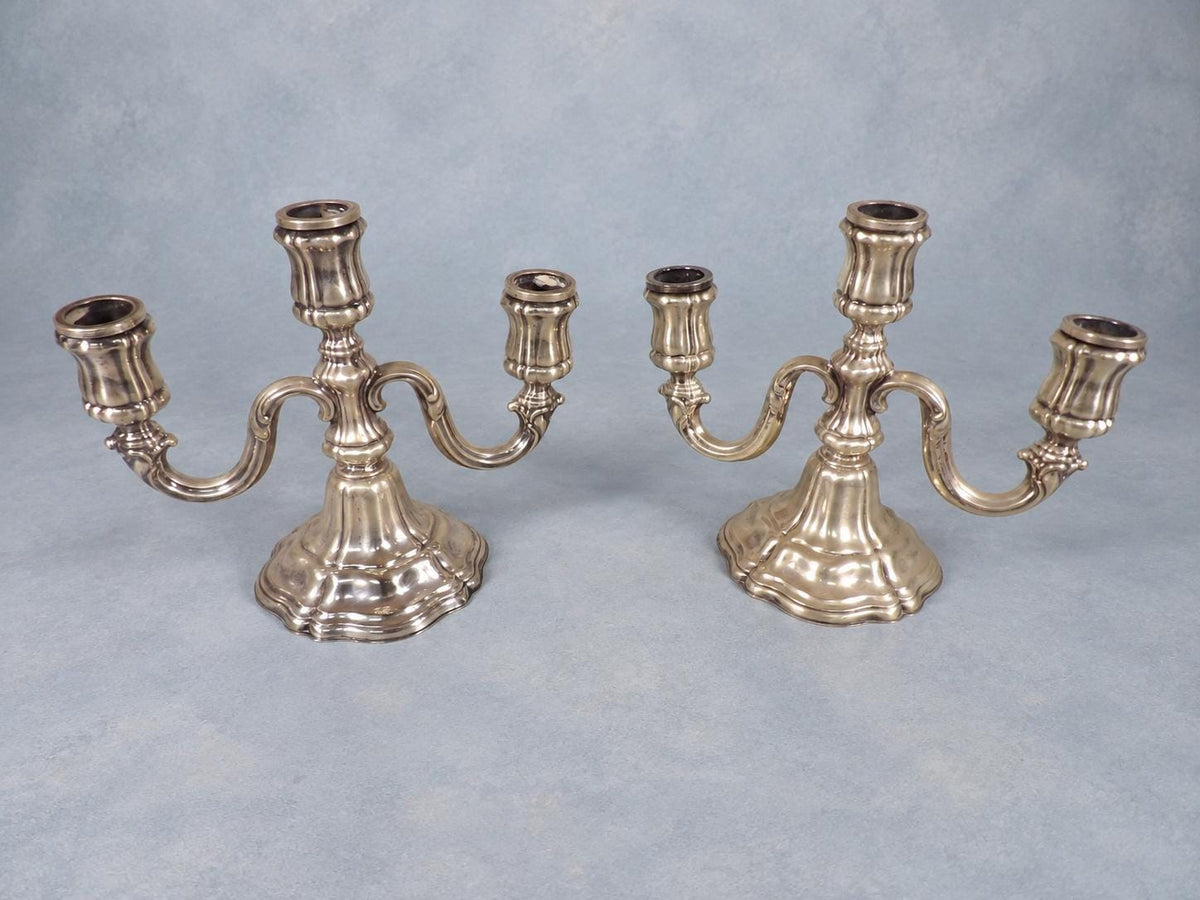 Vintage Pair of Silver-Tone Three-Light Candelabra, Baroque Style Lobed Bases and Scroll Arms, Low Table Height, 19.5 cm