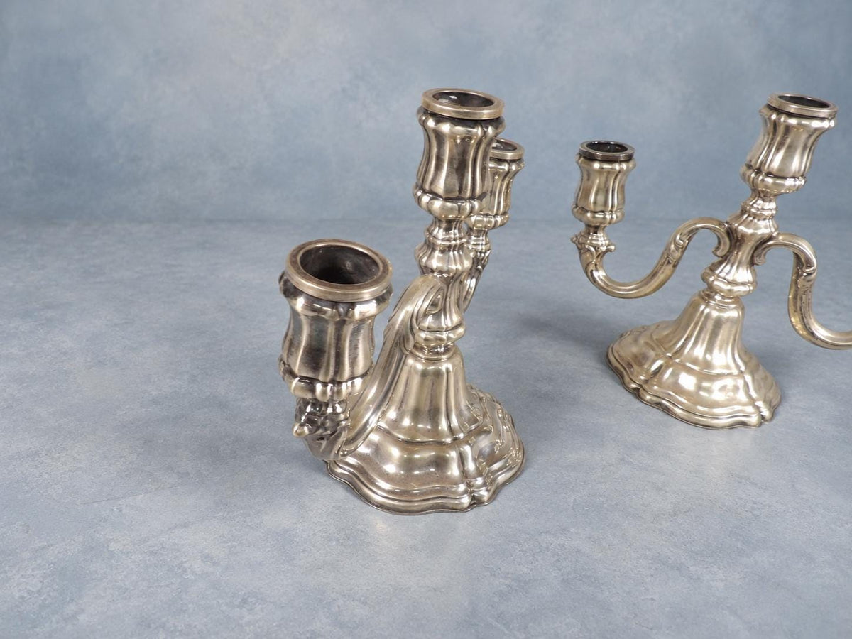Vintage Pair of Silver-Tone Three-Light Candelabra, Baroque Style Lobed Bases and Scroll Arms, Low Table Height, 19.5 cm