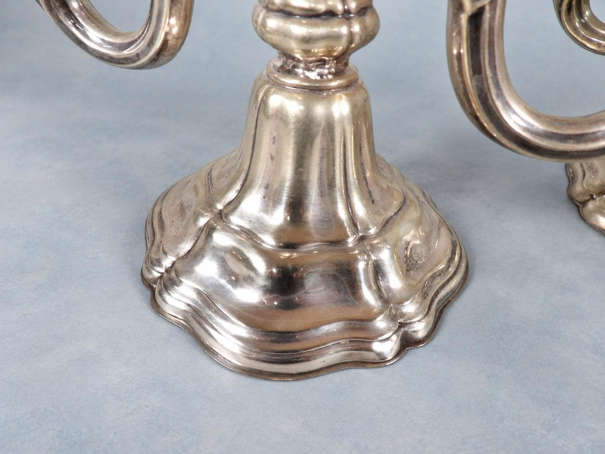 Vintage Pair of Silver-Tone Three-Light Candelabra, Baroque Style Lobed Bases and Scroll Arms, Low Table Height, 19.5 cm
