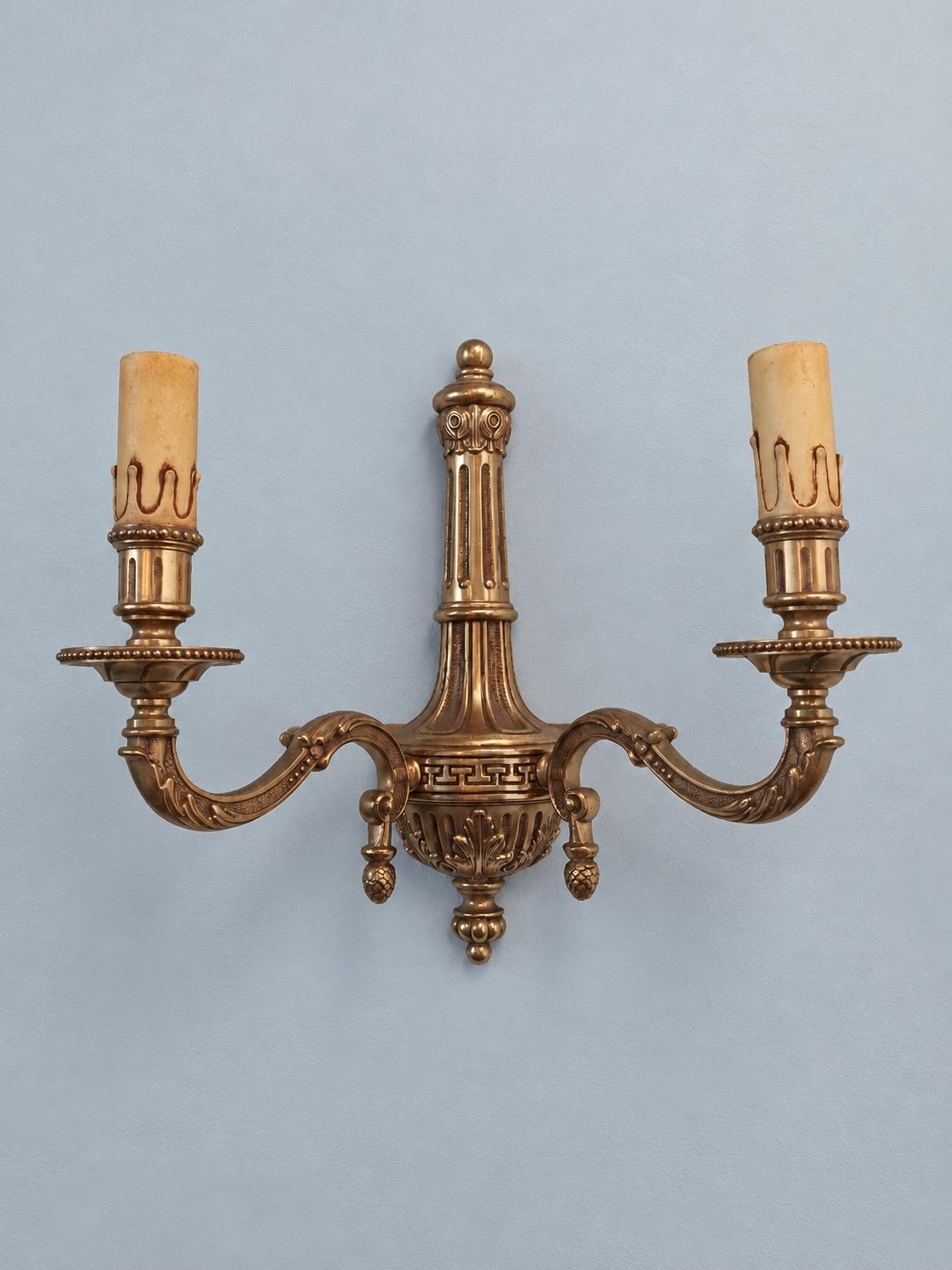 Vintage Pair of Louis XVI Style Wall Sconces, Gilt Metal Fluted Column with Greek Key Band and Pine Cone Drops, Two Lights Each, 30 cm