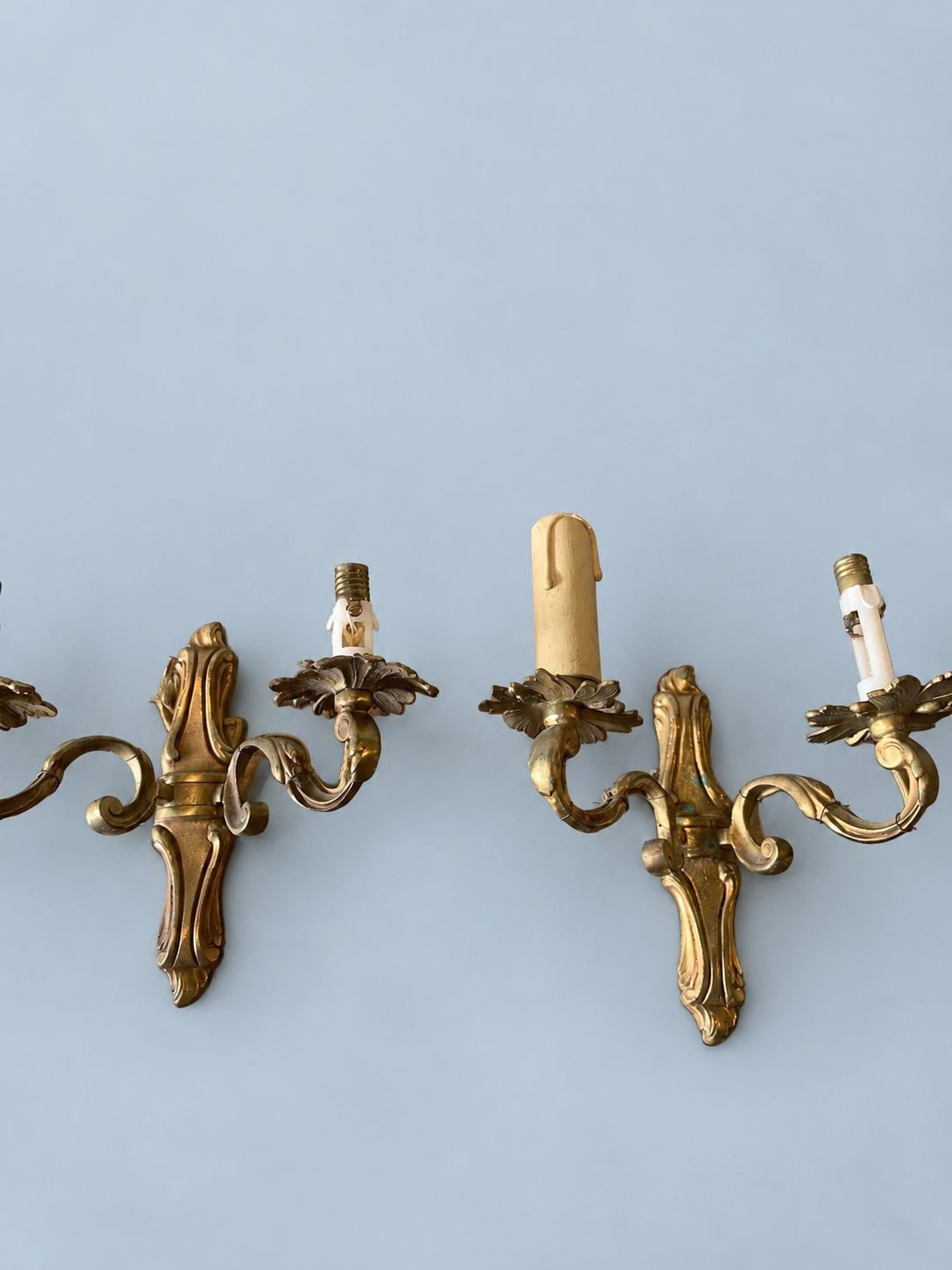 Vintage Pair of Louis XV Style Wall Sconces, Gilt Metal Scrolled Arms with Leafy Bobèches, Two Lights Each
