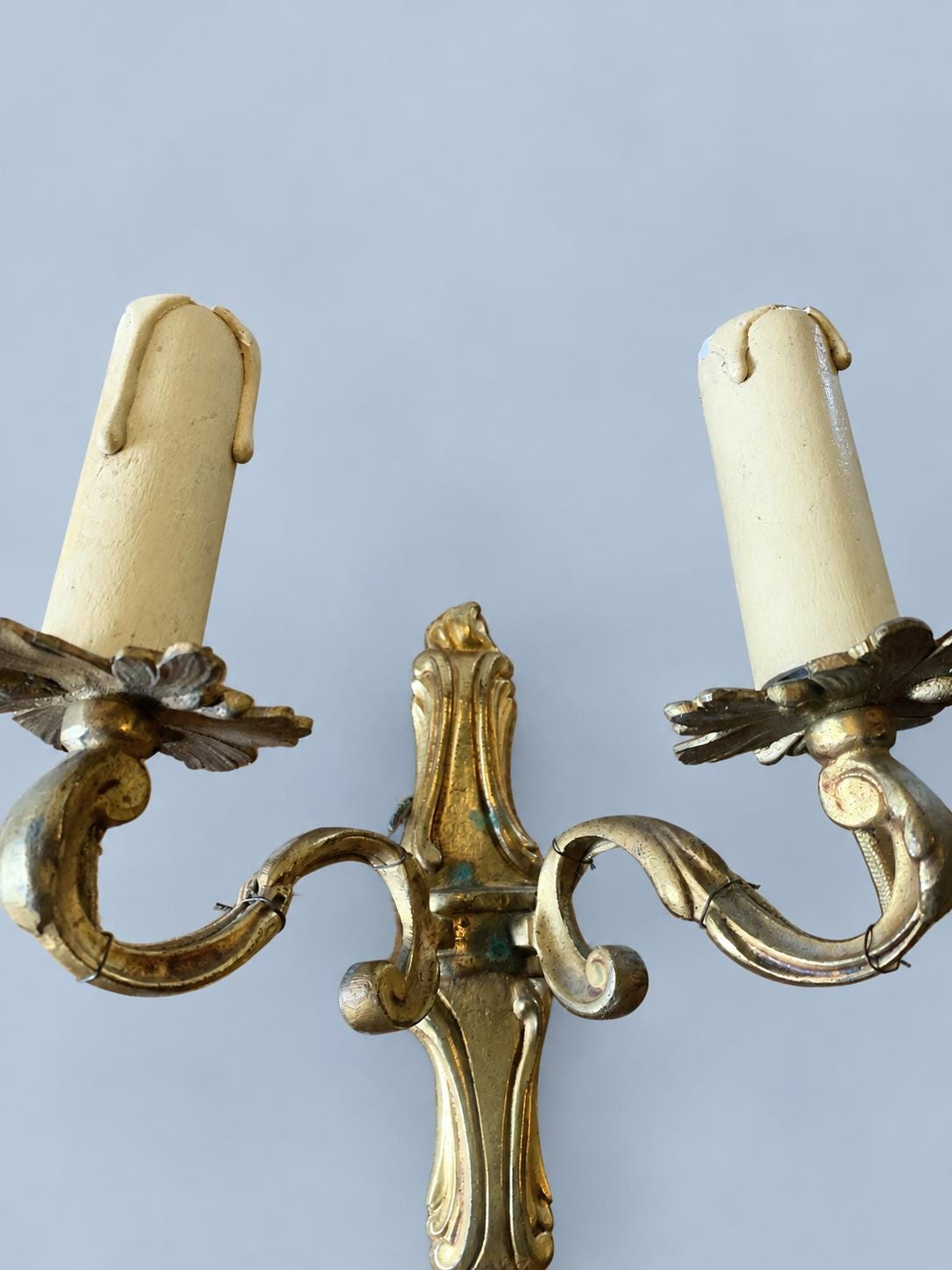 Vintage Pair of Louis XV Style Wall Sconces, Gilt Metal Scrolled Arms with Leafy Bobèches, Two Lights Each