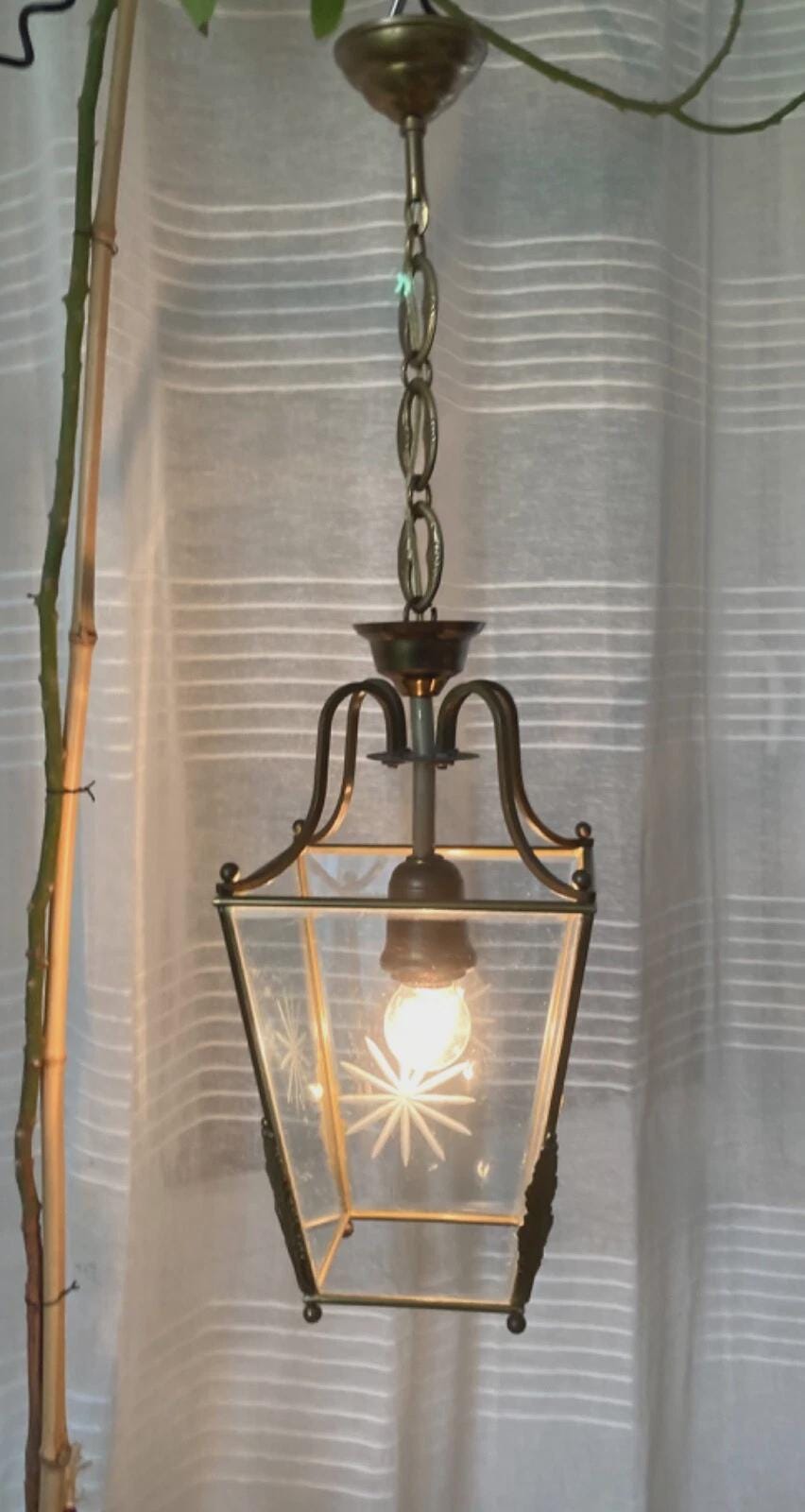 Vintage Brass Hall Lantern, Tapered Square Pendant with Bevelled Star-Cut Glass and Leaf Mounts, Attributed 20th Century, 64 cm