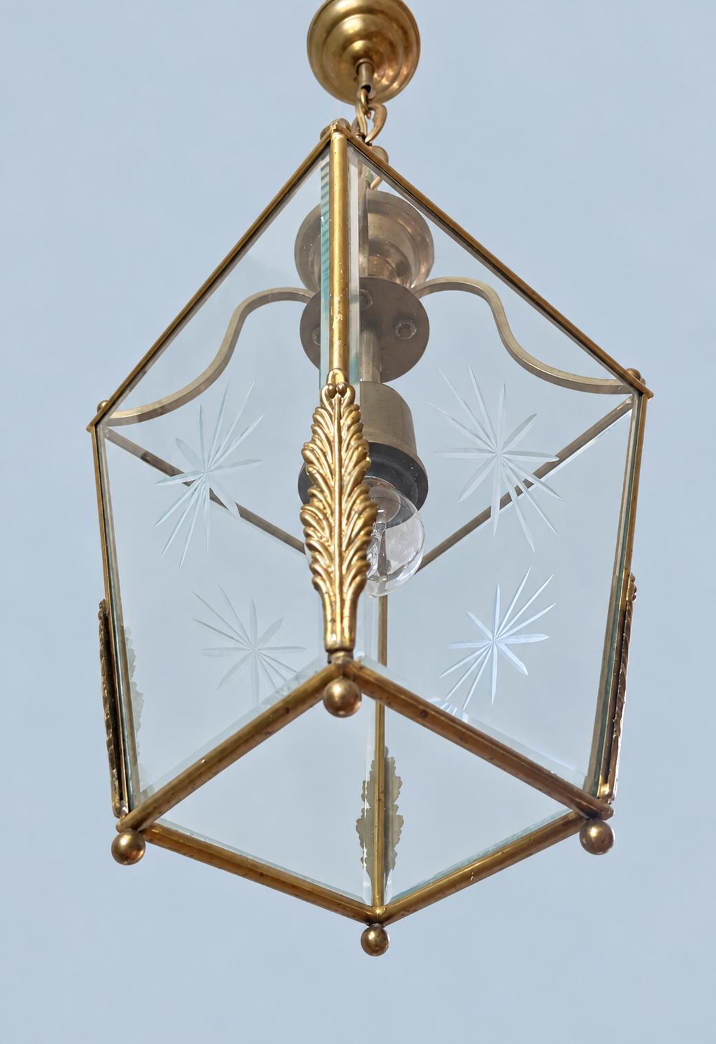 Vintage Brass Hall Lantern, Tapered Square Pendant with Bevelled Star-Cut Glass and Leaf Mounts, Attributed 20th Century, 64 cm