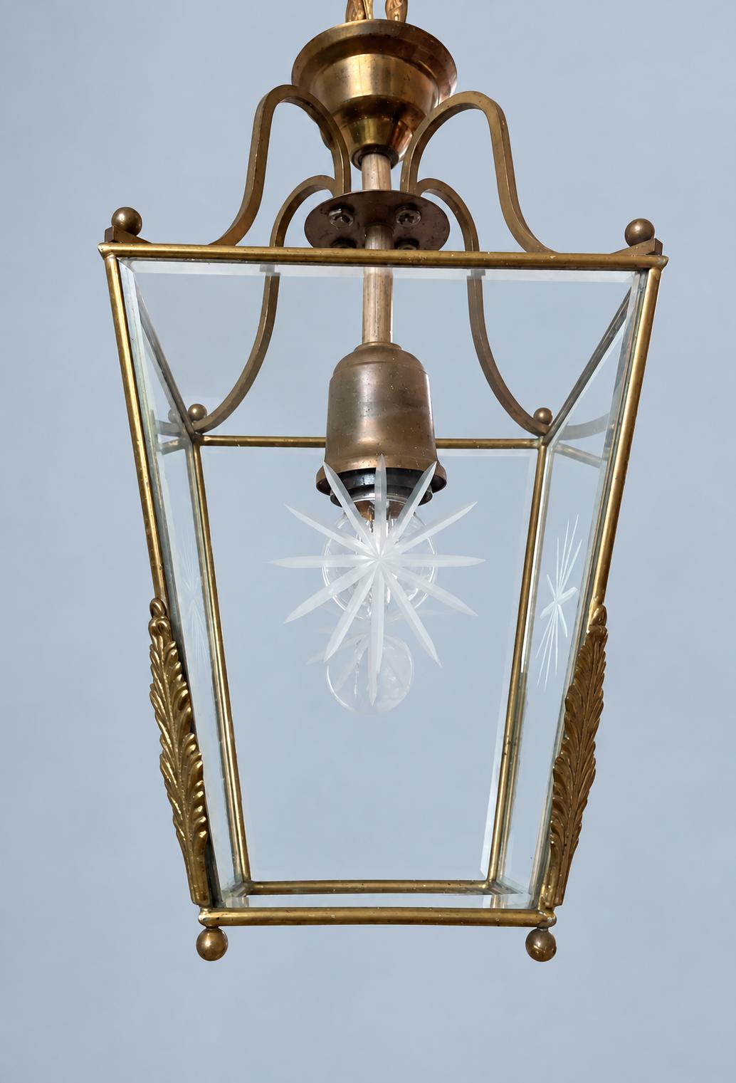Vintage Brass Hall Lantern, Tapered Square Pendant with Bevelled Star-Cut Glass and Leaf Mounts, Attributed 20th Century, 64 cm