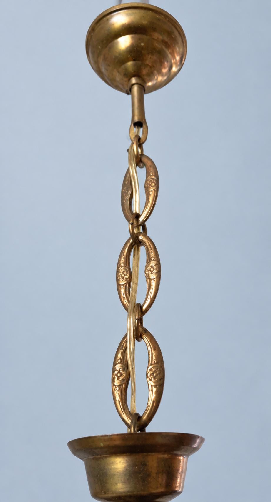 Vintage Brass Hall Lantern, Tapered Square Pendant with Bevelled Star-Cut Glass and Leaf Mounts, Attributed 20th Century, 64 cm