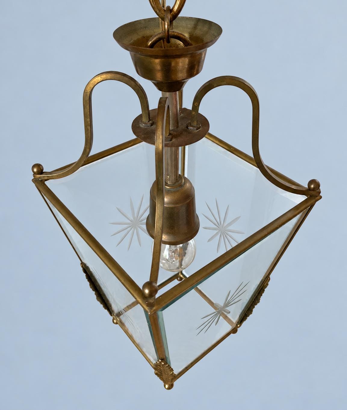 Vintage Brass Hall Lantern, Tapered Square Pendant with Bevelled Star-Cut Glass and Leaf Mounts, Attributed 20th Century, 64 cm