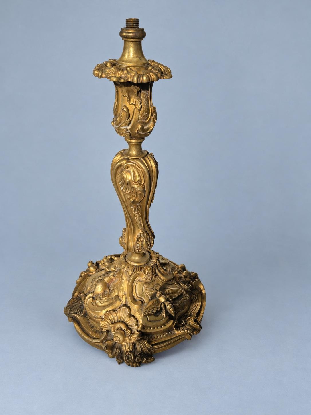 Vintage Large Louis XV Style Gilt Metal Candlestick, Attributed 19th Century, Relief Insects Among Flowering Branches, 31.5 cm