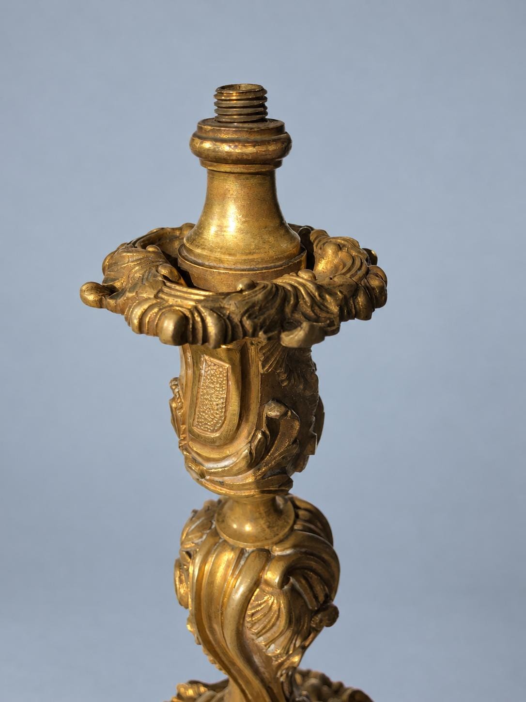 Vintage Large Louis XV Style Gilt Metal Candlestick, Attributed 19th Century, Relief Insects Among Flowering Branches, 31.5 cm