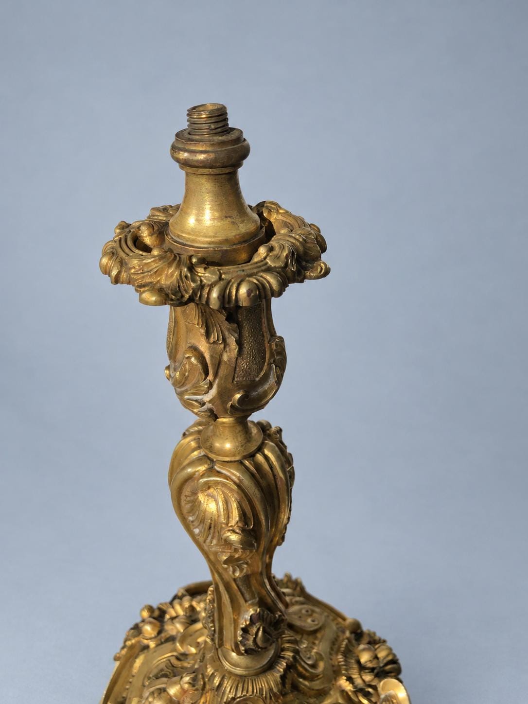 Vintage Large Louis XV Style Gilt Metal Candlestick, Attributed 19th Century, Relief Insects Among Flowering Branches, 31.5 cm