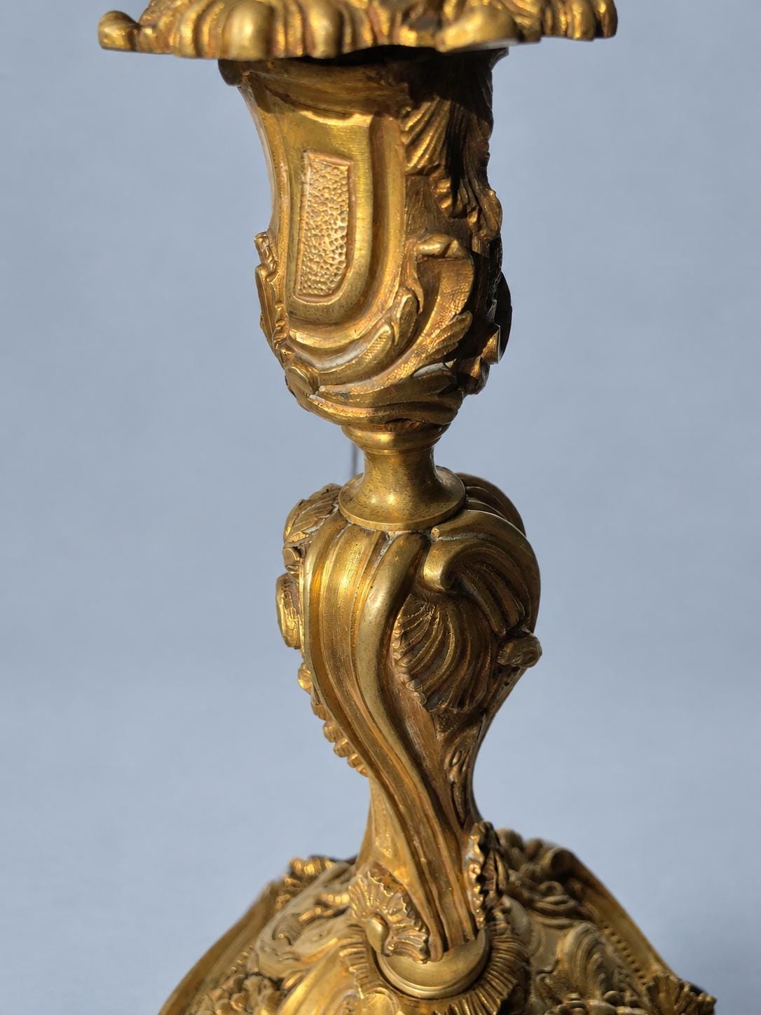 Vintage Large Louis XV Style Gilt Metal Candlestick, Attributed 19th Century, Relief Insects Among Flowering Branches, 31.5 cm