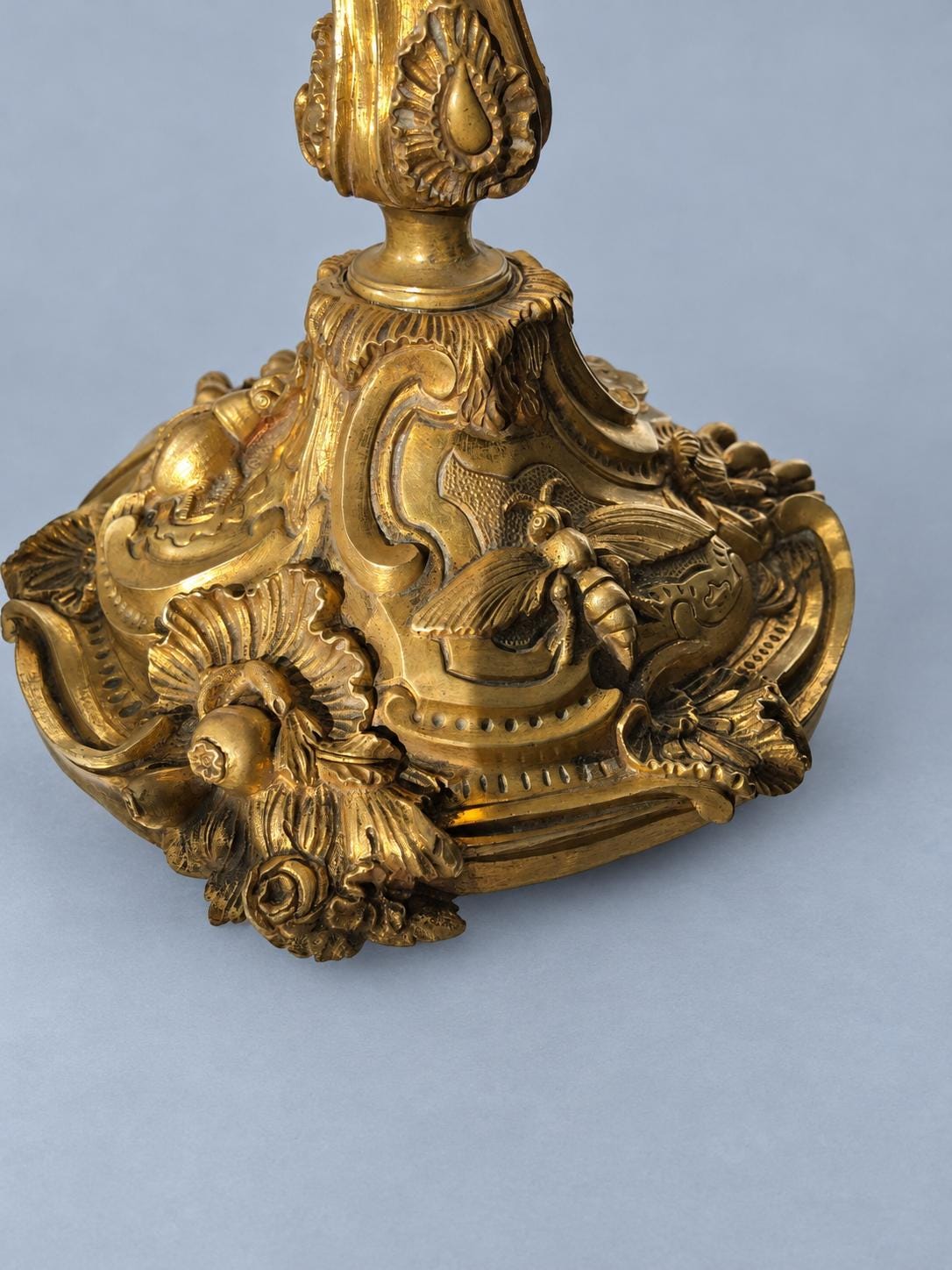 Vintage Large Louis XV Style Gilt Metal Candlestick, Attributed 19th Century, Relief Insects Among Flowering Branches, 31.5 cm