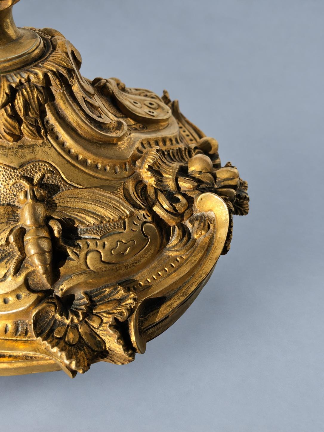 Vintage Large Louis XV Style Gilt Metal Candlestick, Attributed 19th Century, Relief Insects Among Flowering Branches, 31.5 cm