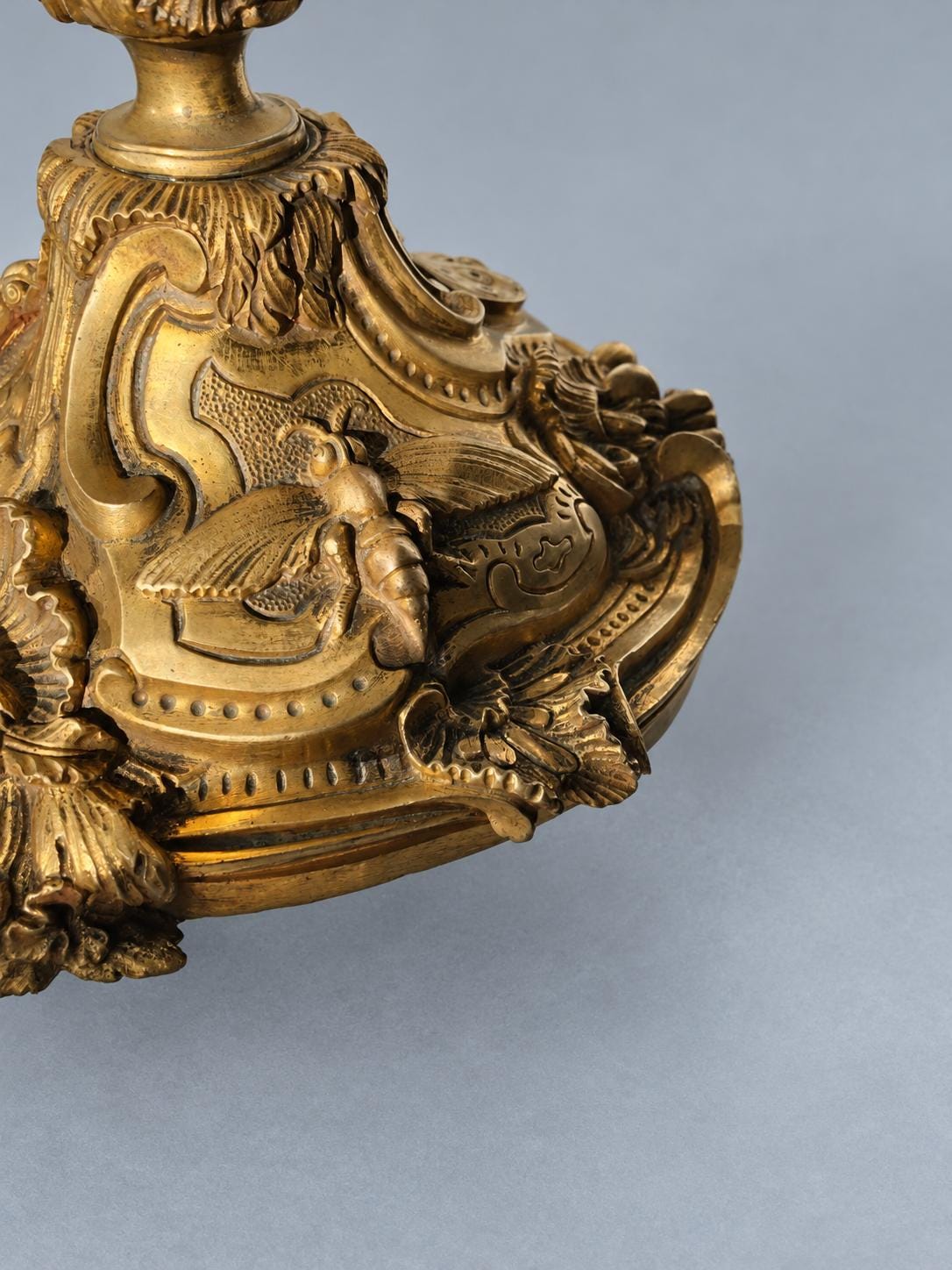 Vintage Large Louis XV Style Gilt Metal Candlestick, Attributed 19th Century, Relief Insects Among Flowering Branches, 31.5 cm