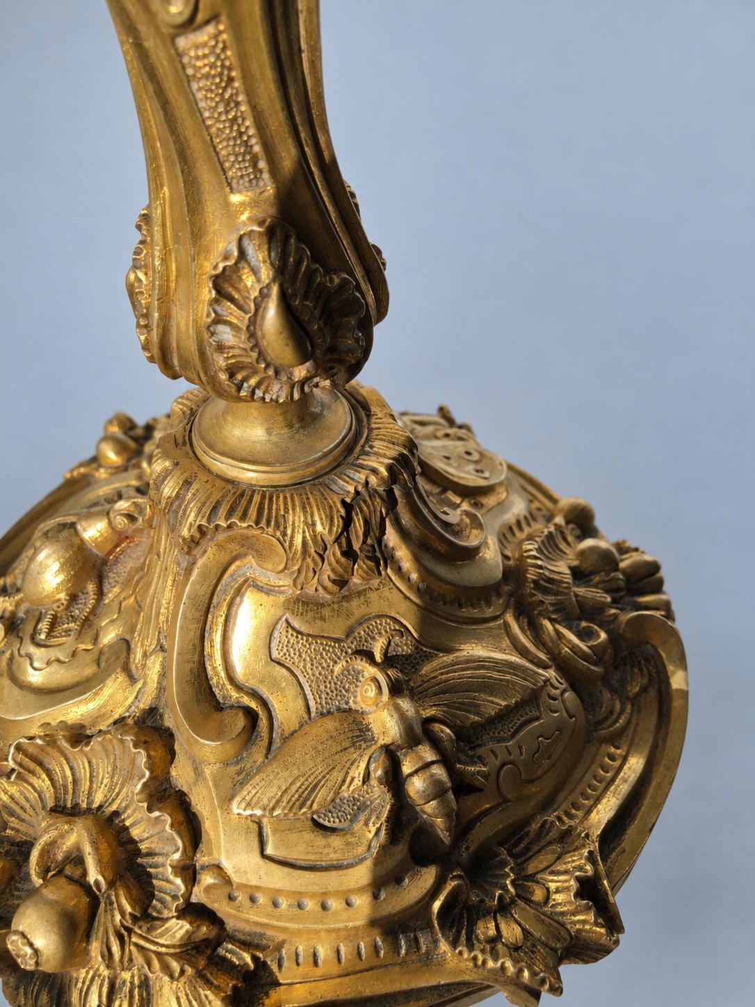 Vintage Large Louis XV Style Gilt Metal Candlestick, Attributed 19th Century, Relief Insects Among Flowering Branches, 31.5 cm